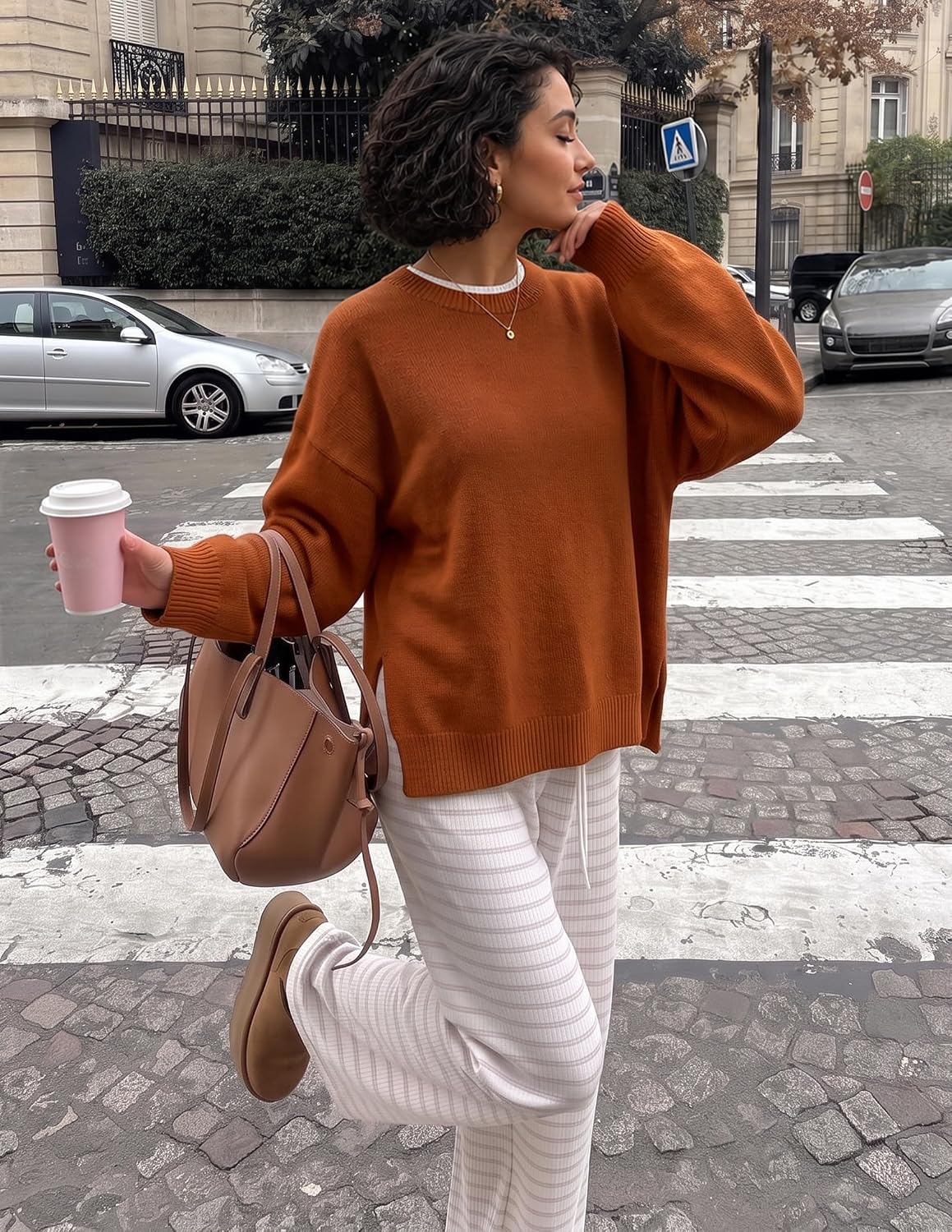 Detalle de ZESICA Oversized Women's Crewneck Sweater with Lantern Sleeves and Contrast Trim