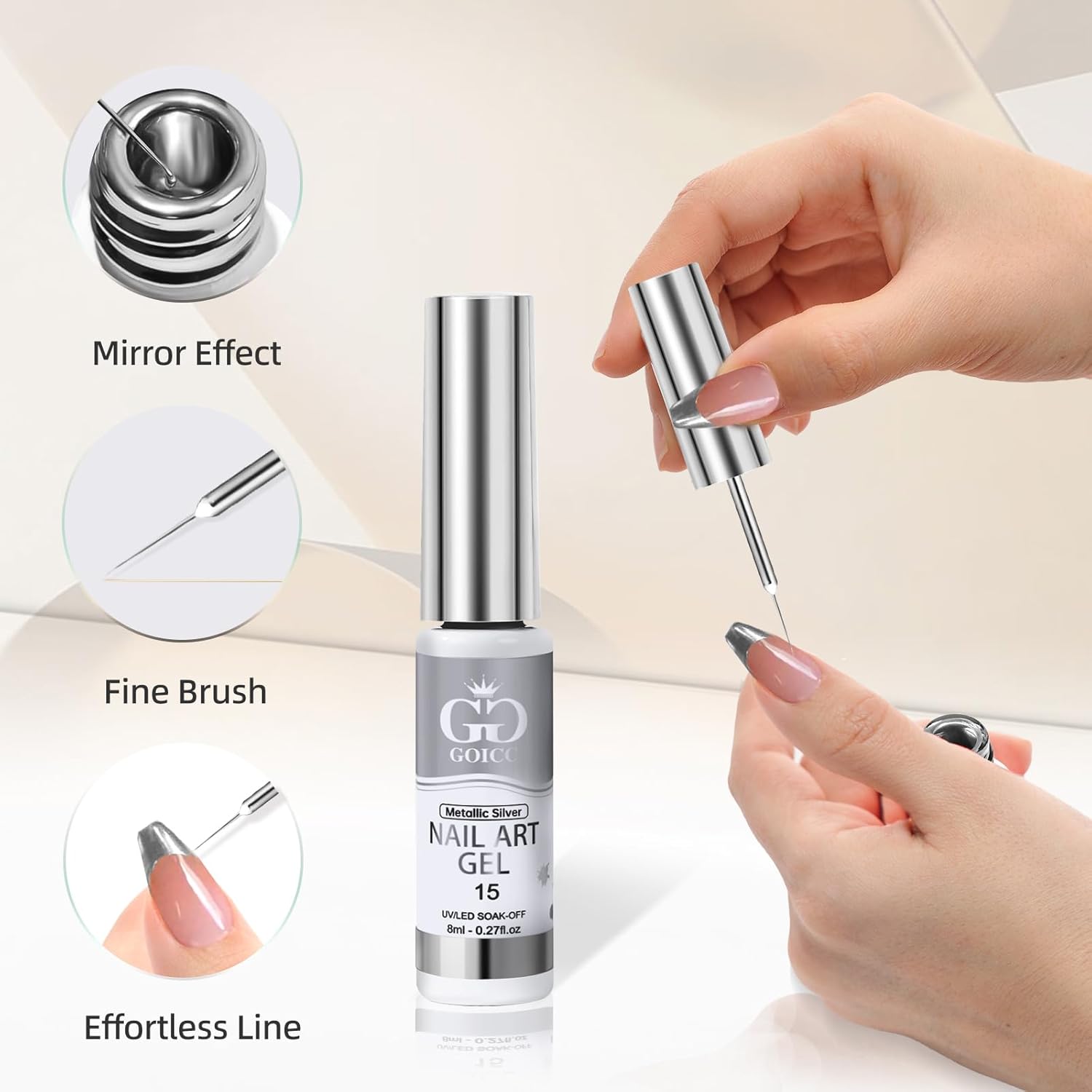 Thumbnail 1 de Metallic Painting Gel Liner Argento 8 ml per nail art effetto mirror chrome UV/LED