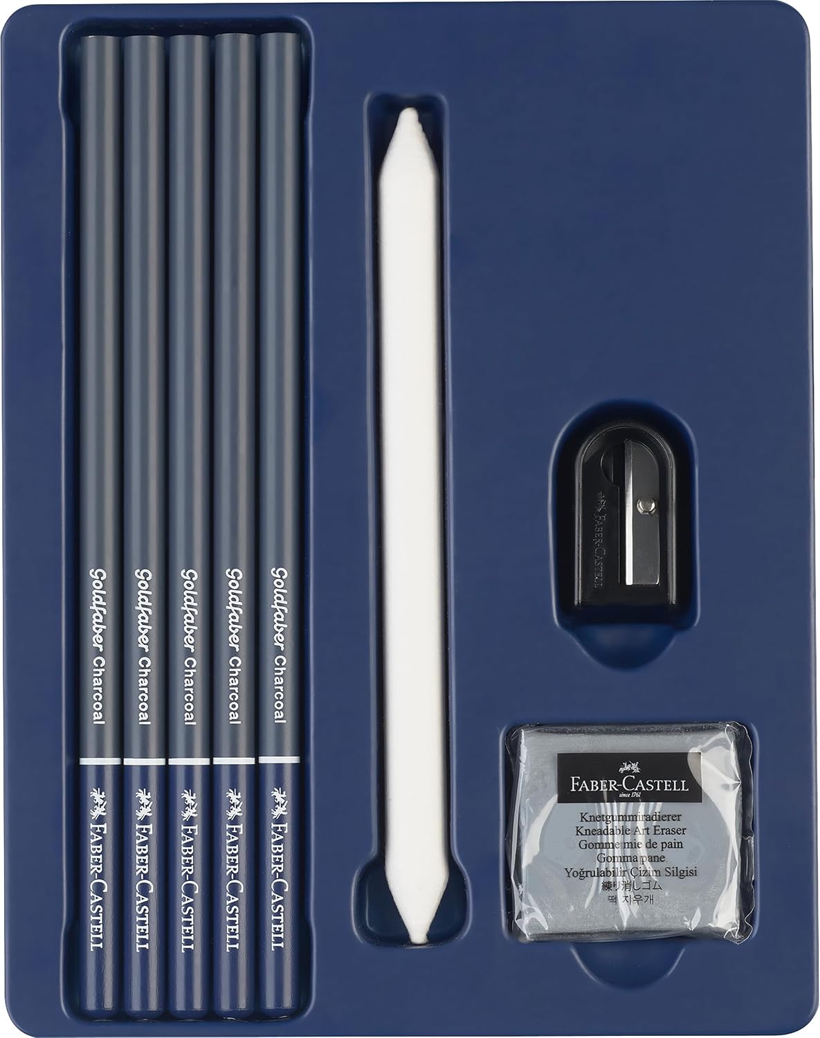 Detalle de Faber-Castell 114006 – Set de dessin Goldfaber Charcoal, 8 pièces (charbon, taille-crayon, essuie-papier et gomme)