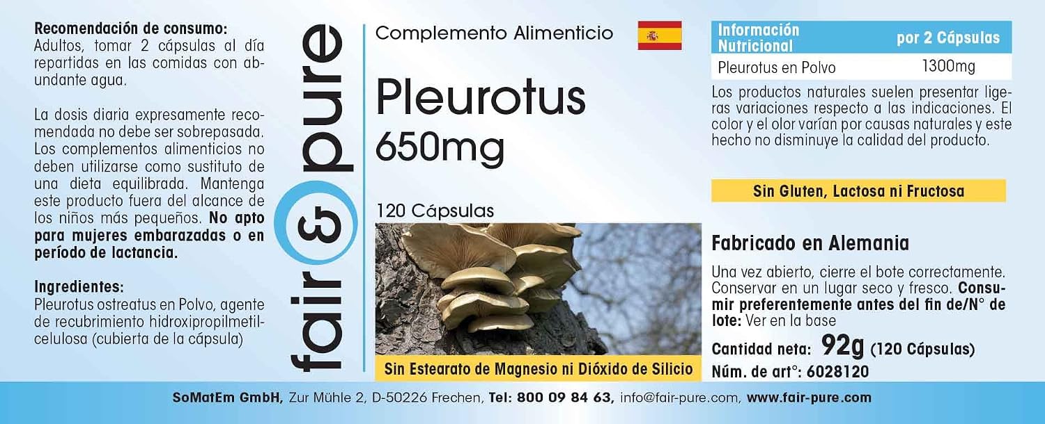 Detalle de Fair & Pure Pleurotus 650mg – Vegane Austernpilz-Kapseln, 120 Stück, in Deutschland hergestellt