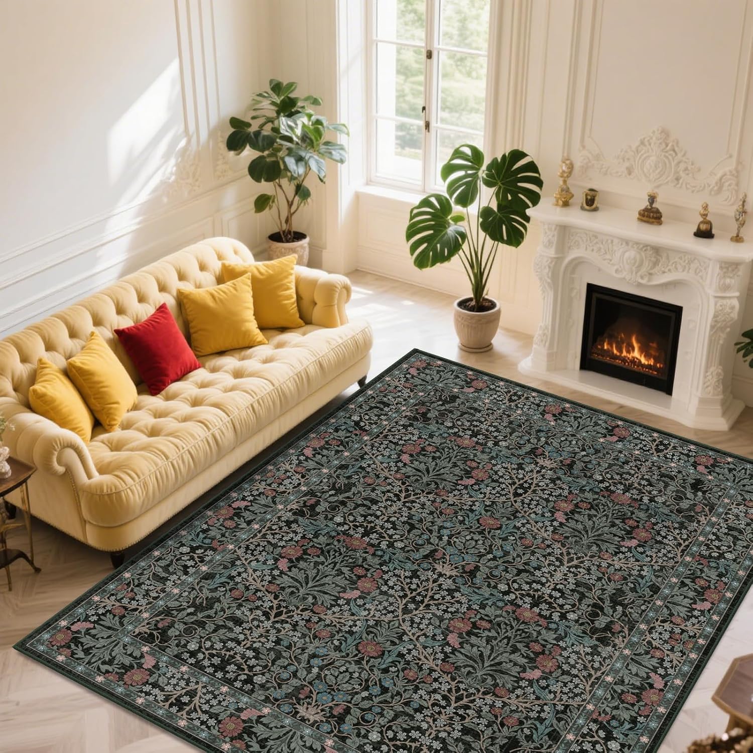 Thumbnail 2 de shinefly 8x10 Washable Floral Area Rug — Dark Green, Non-Slip, Low Pile