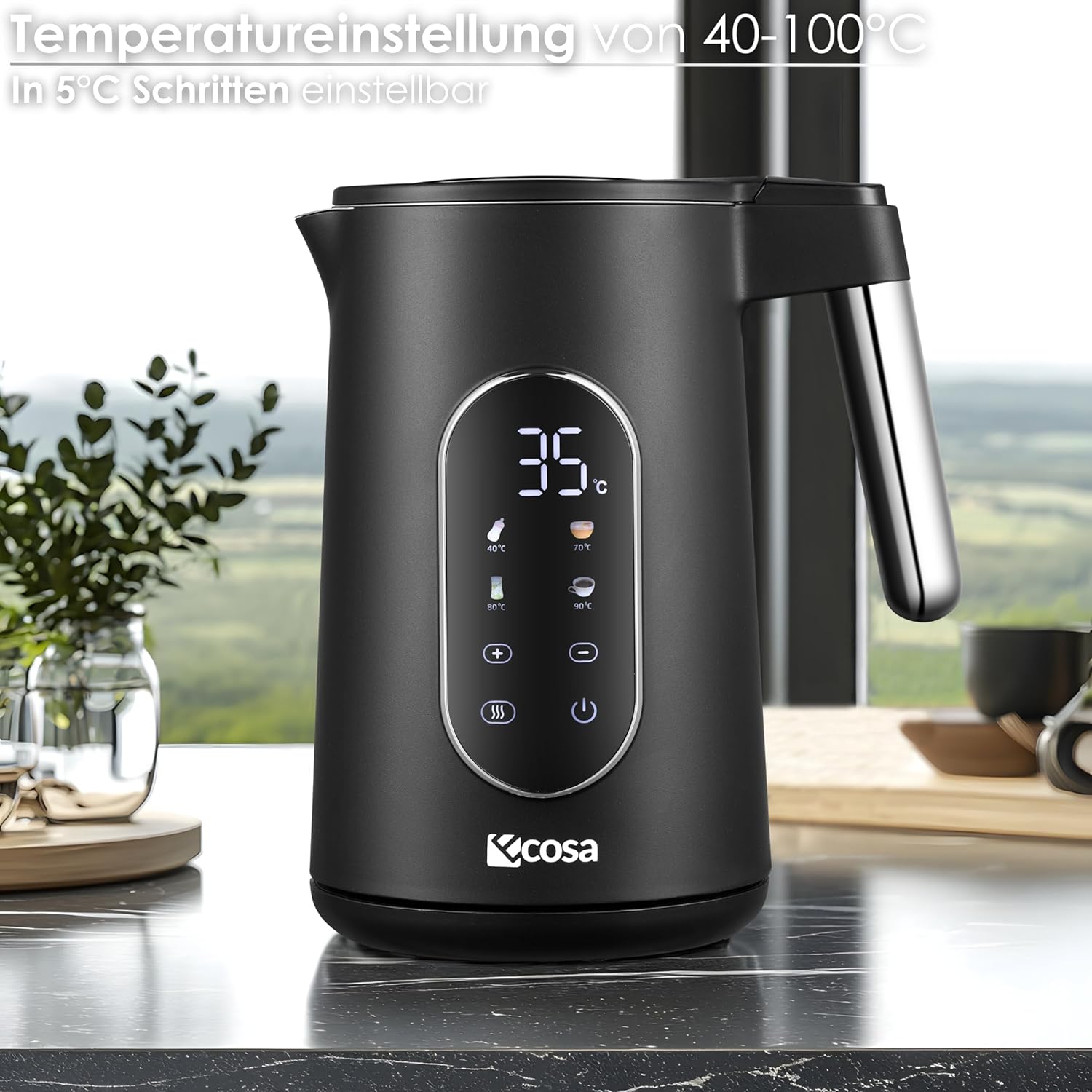 Detalle de Bouilloire en acier inoxydable avec réglage de température 40 à 100 °C, 1,7 L, affichage LED et maintien au chaud