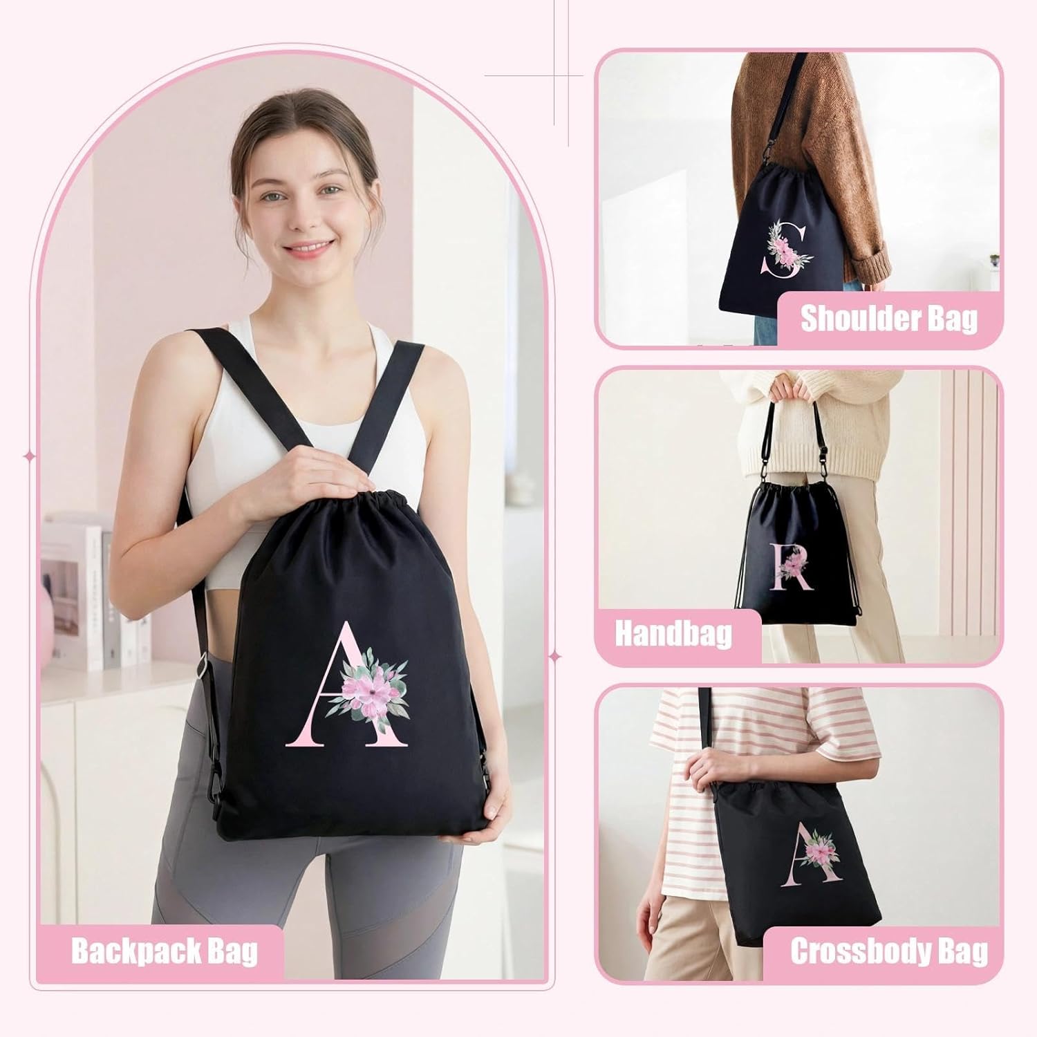 Detalle 2 de A-Z BAG Zaino Personalizzabile con Iniziale Fiore – 4 in 1, Impermeabile, Nero
