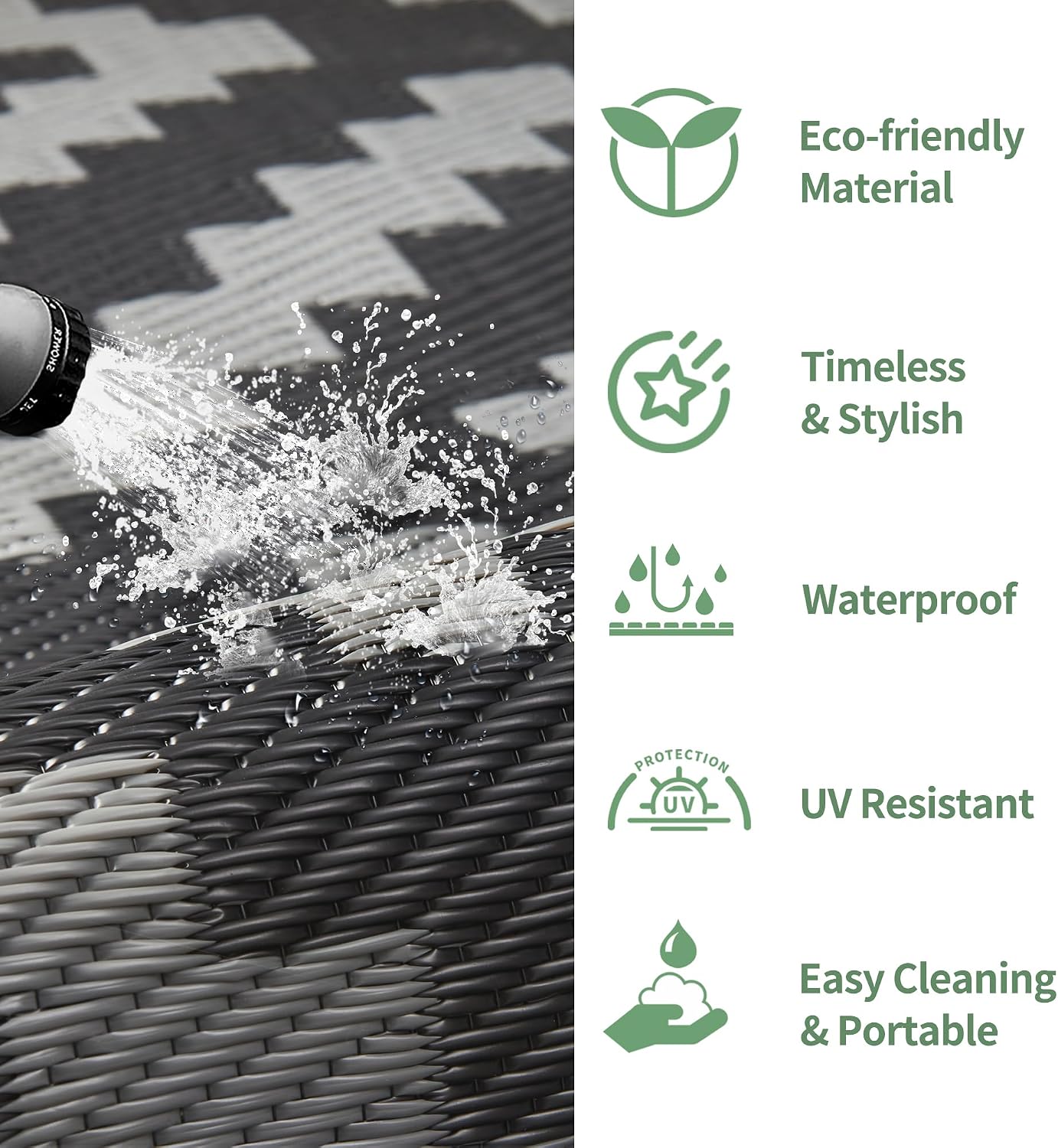 Thumbnail 4 de GENIMO Plastic Straw Rug Outdoor Area Rug, 9' x 12', Reversible Black and Gray