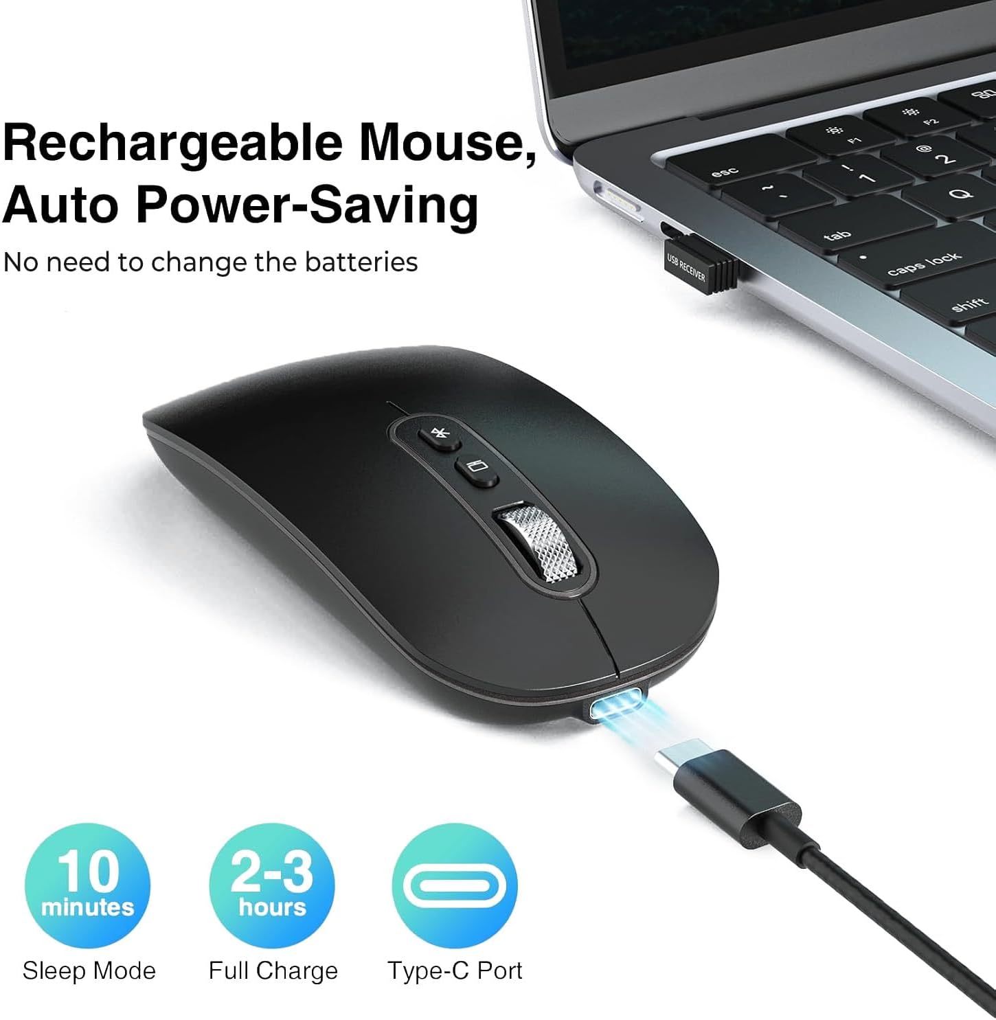 Thumbnail 4 de cimetech Wireless Bluetooth Mouse (BT5.1 + 2.4G) – Type-C Rechargeable Silent Mouse, Ultra-Slim Ergonomic (Black)