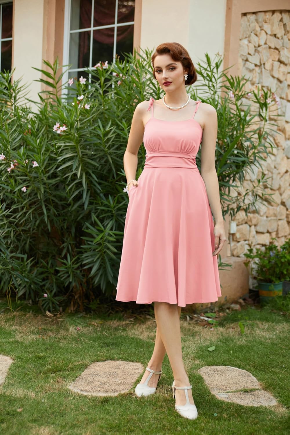 Detalle 2 de Robe d'été Belle Poque pour femme – Robe midi à bretelles spaghetti, ligne A, poches et doublure