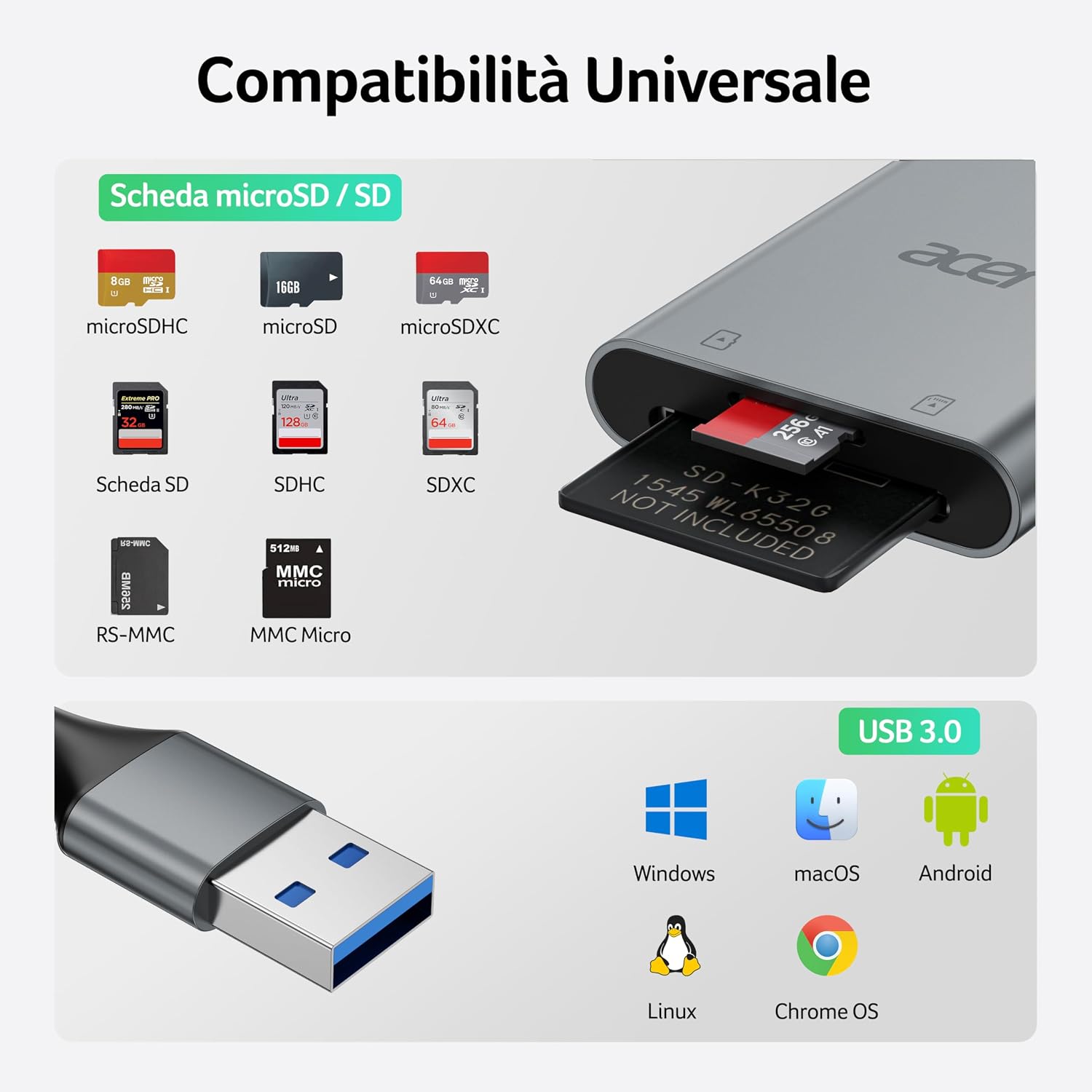 Thumbnail 6 de Lettore di schede SD USB 3.0 con cavo Acer: lettura simultanea SD e microSD in alluminio, fino a 2 TB
