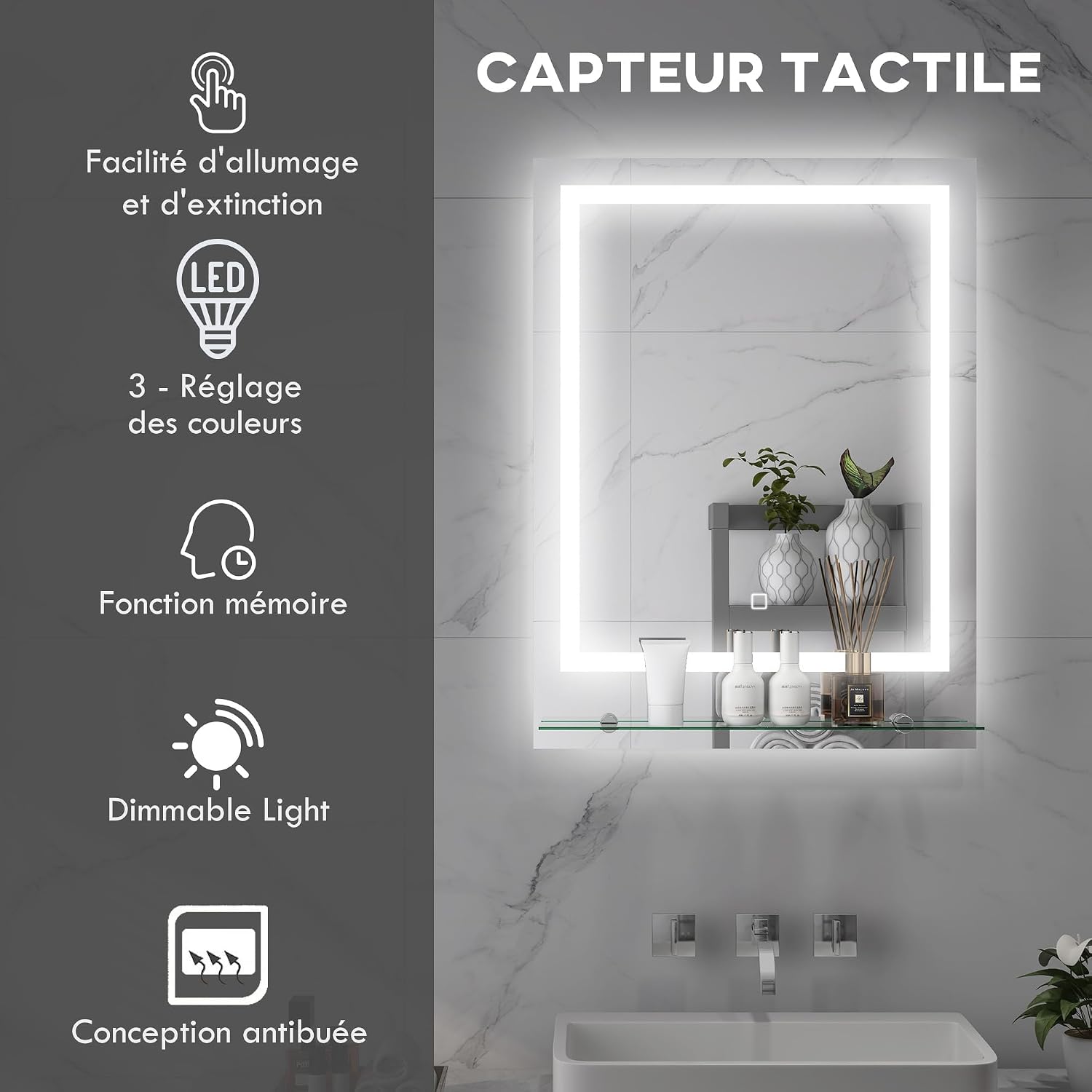 Thumbnail 2 de kleankin Miroir Lumineux LED rectangulaire avec étagère – 70 × 50 cm, anti-buée, interrupteur tactile