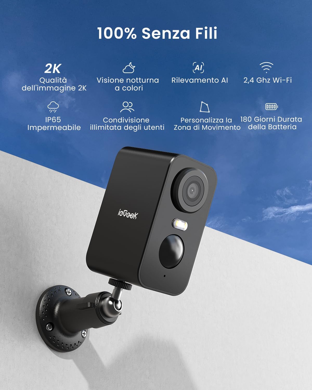 Thumbnail 1 de ieGeek 2K Telecamera Wi‑Fi Esterno Senza Fili – Set da 2 pezzi con rilevamento PIR, visione notturna a colori e allarmi integrati