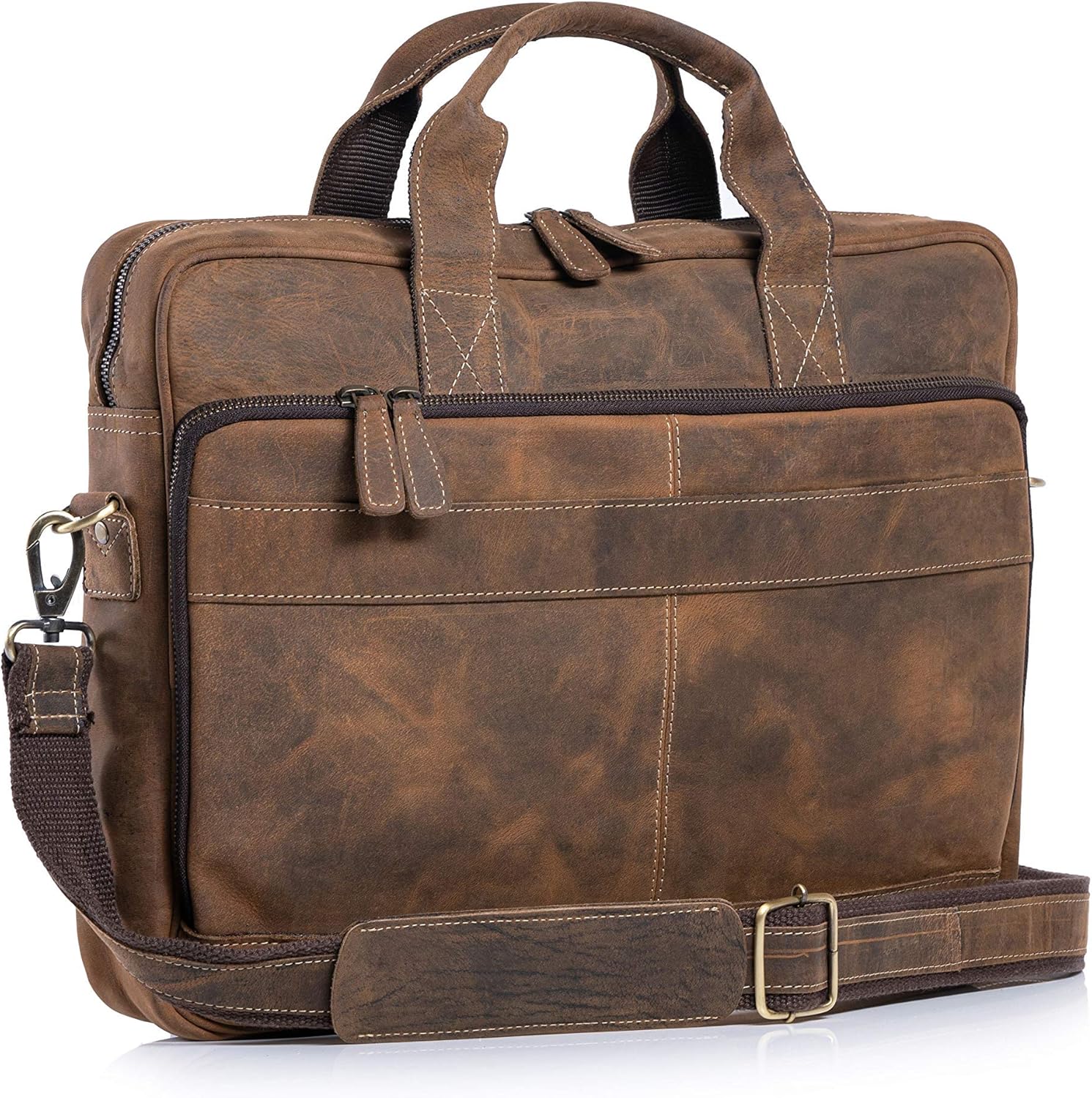 KomalC 16 Inch Buffalo Leather Laptop Messenger Briefcase Bag with YKK Metal Zippers
