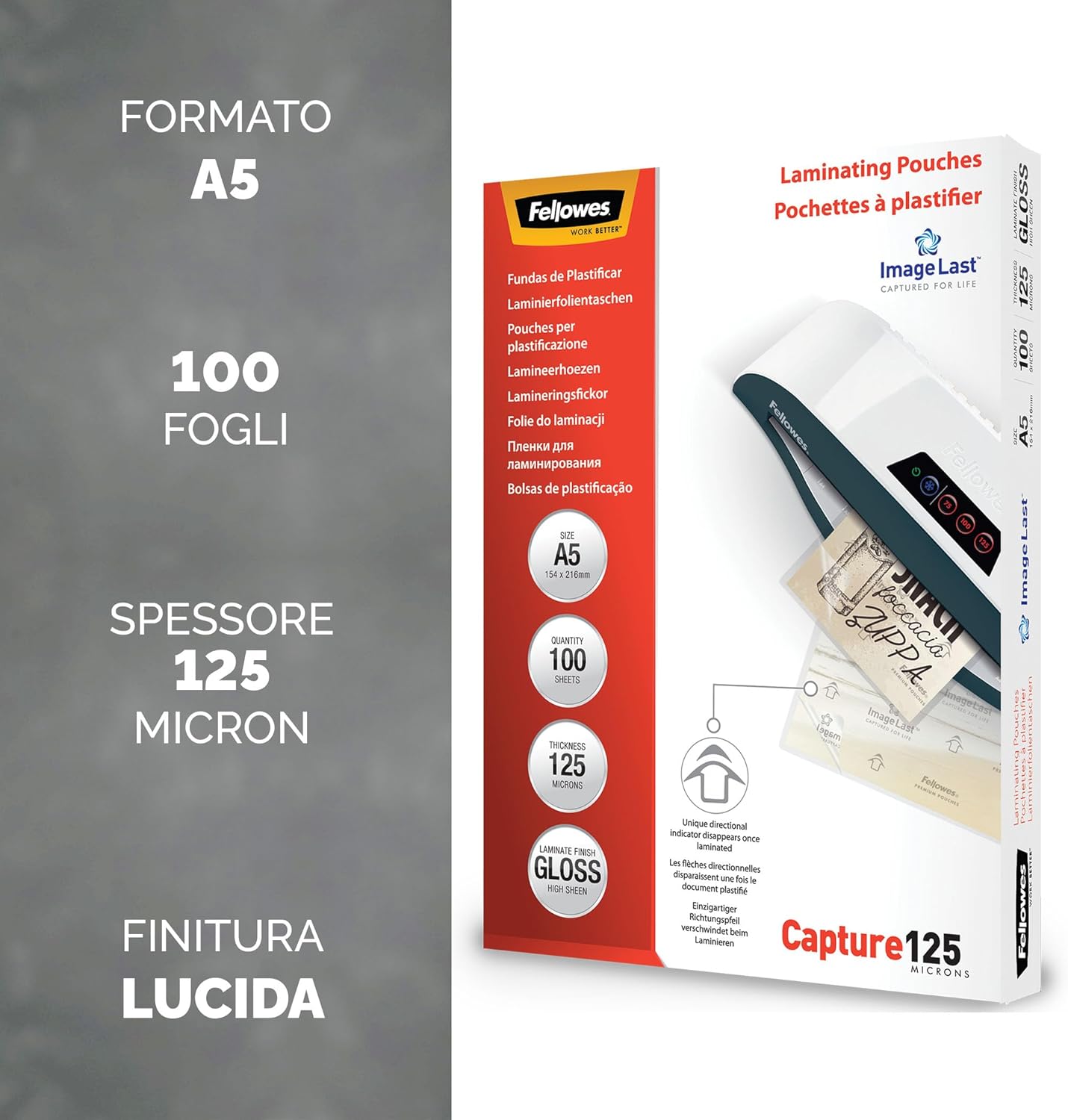 Detalle de Fellowes Pouches per plastificazione A5, 125 micron, confezione da 100 pezzi