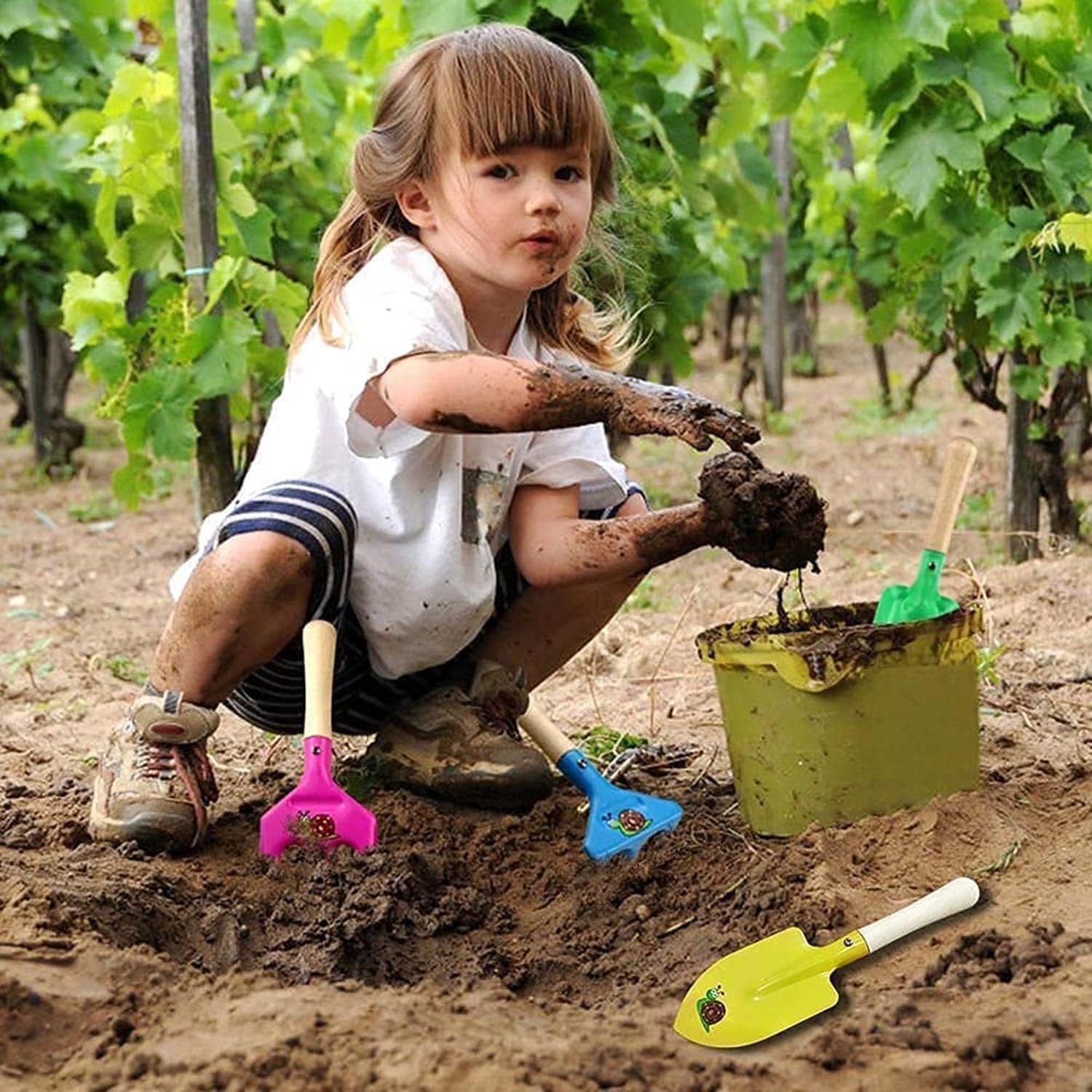 Detalle de Aptoper Kids Gardening Tools Set: 8" Beach Sandbox 5-Piece Metal Tools with Wooden Handles