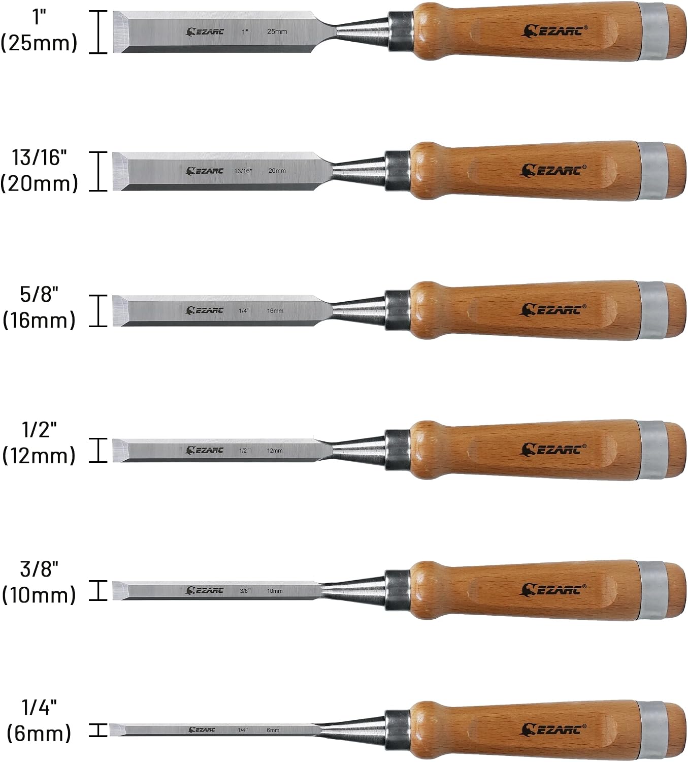 Detalle de EZARC 812295 Wood Chisel Set, 6-Piece Chrome-Vanadium Steel with Ash Handles