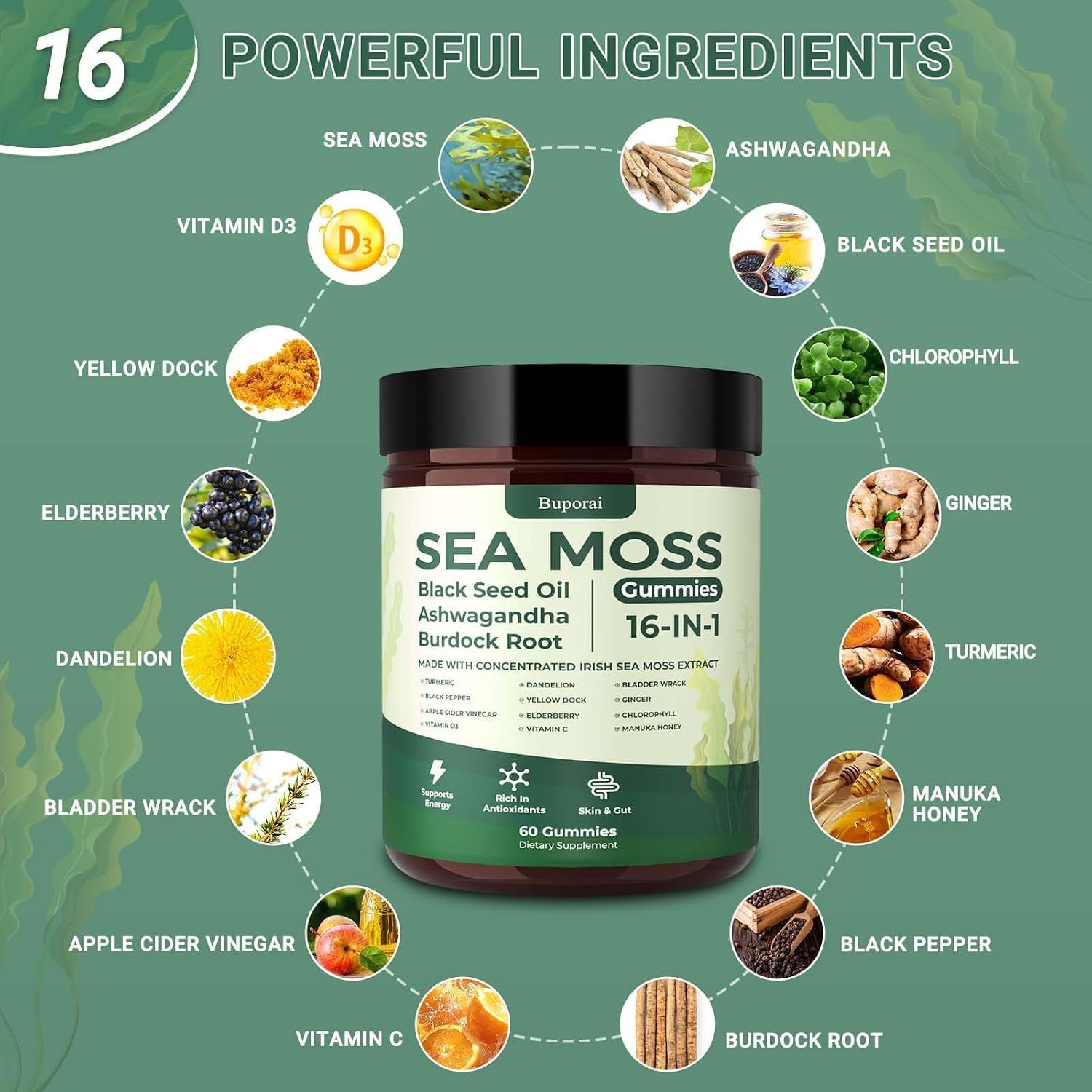 Thumbnail 2 de Buporai Sea Moss Gummies 16-in-1 with Vitamins C and D3, 60 Count