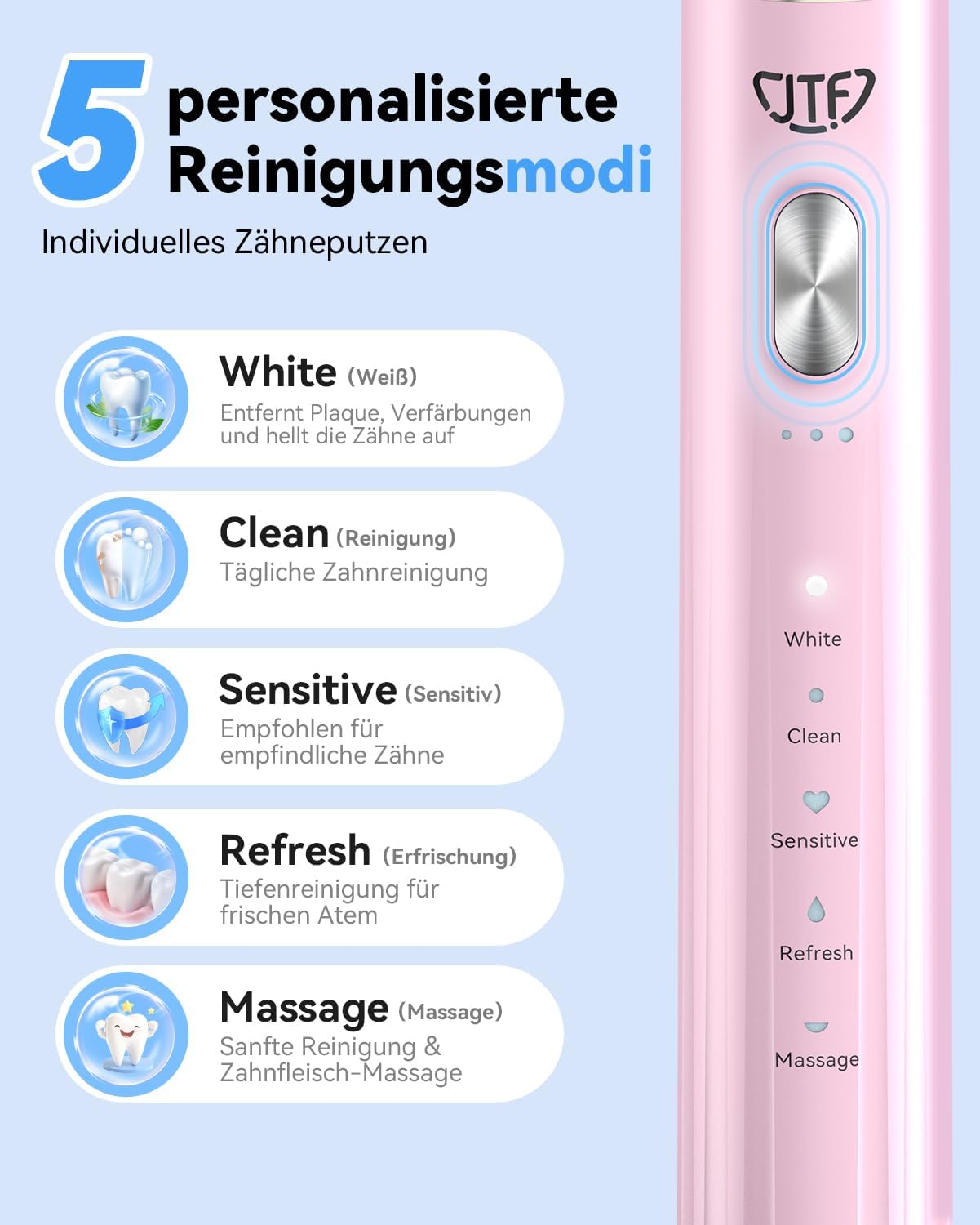 Detalle de JTF Brosse à dents électrique sonique avec station UV, 5 modes et 6 têtes de rechange (rose)