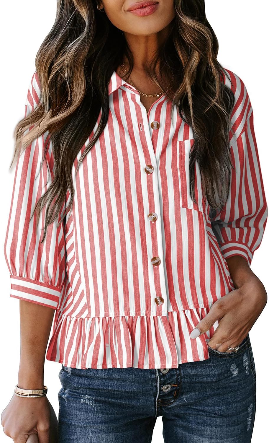Detalle de Dokotoo Cropped Button-Down Striped Shirt with 3/4 Sleeves