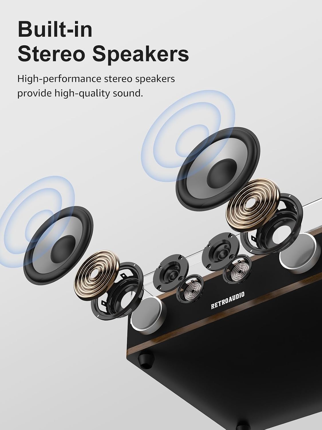 Detalle de RetroAudio UD005 Bluetooth Turntable with Stereo Speakers, 3 Speeds, Light Walnut