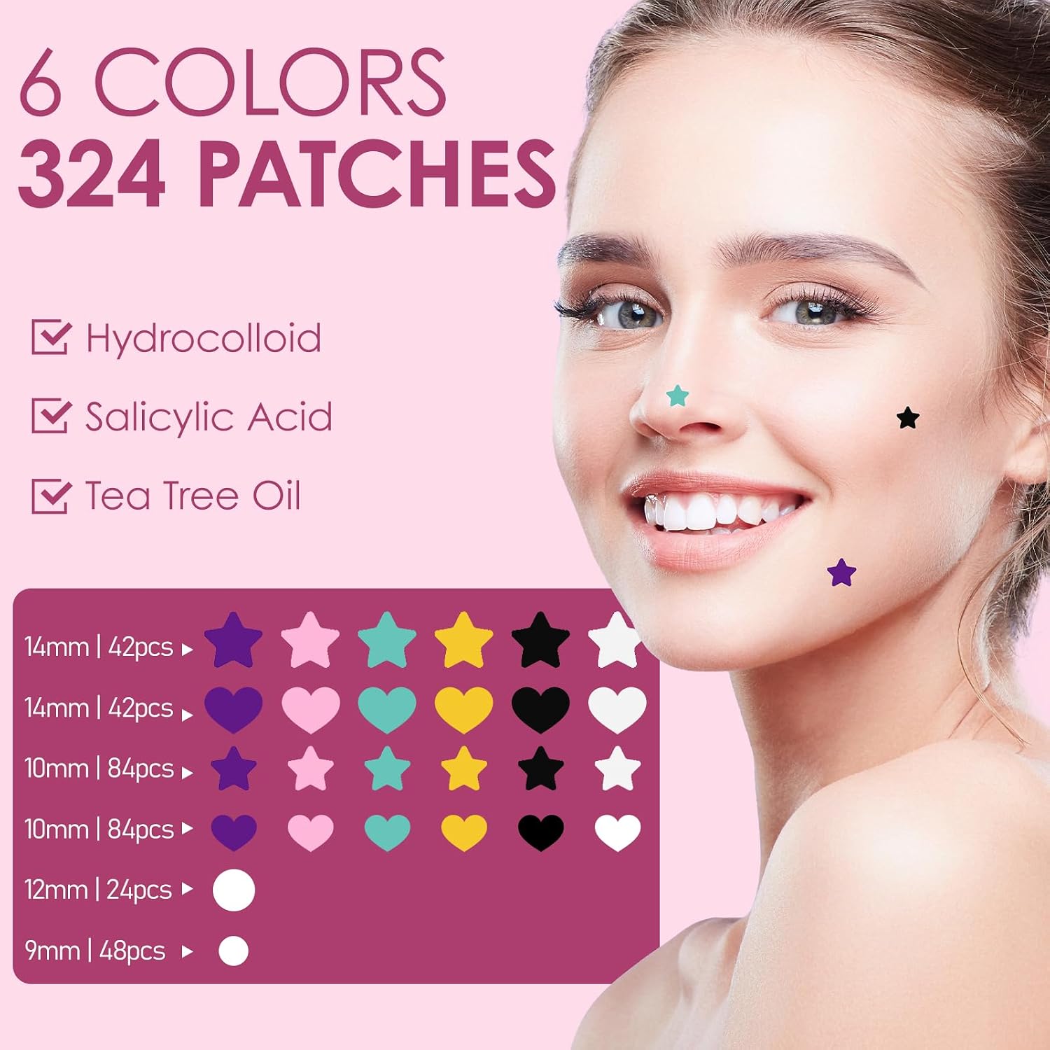 Detalle 2 de Hbaid Hydrocolloid Pimple Patches, 324 Count, 4 Sizes and 6 Colours