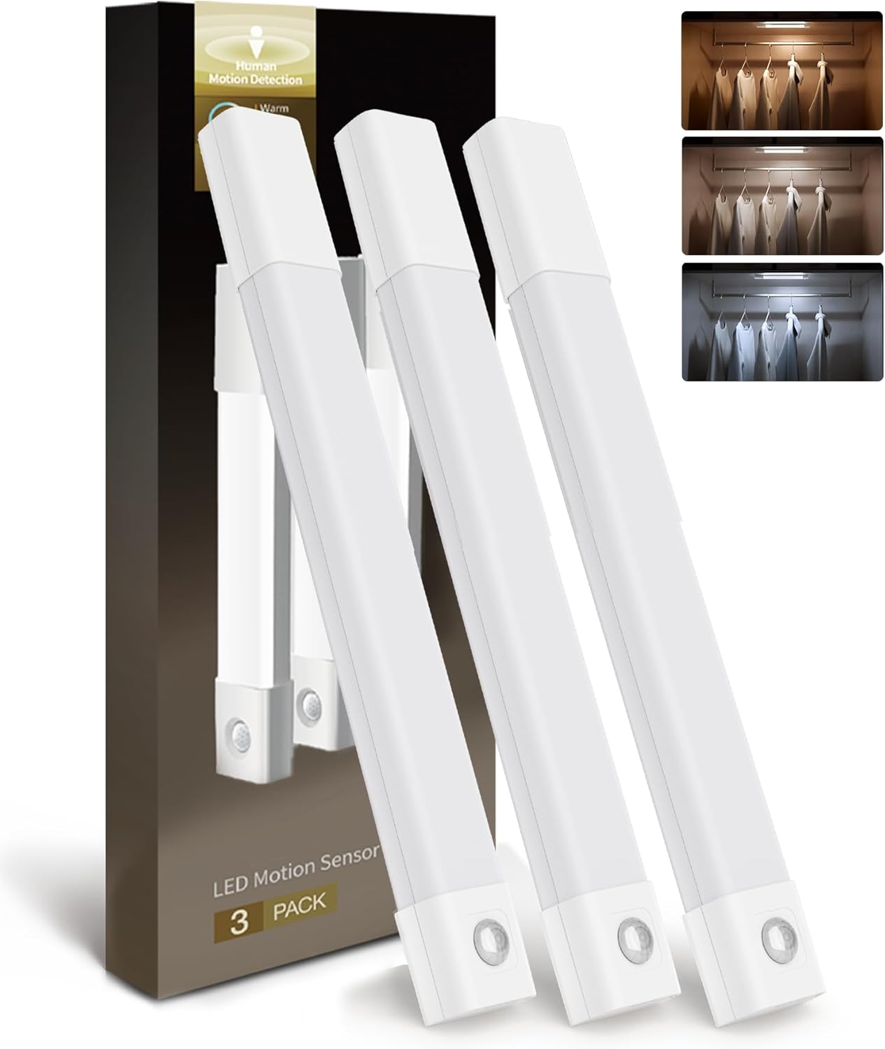 Detalle de EZVALO Schrankbeleuchtung 30 cm – 50 LEDs, Bewegungsmelder, 3 Farbtemperaturen, wiederaufladbar (3er-Pack)