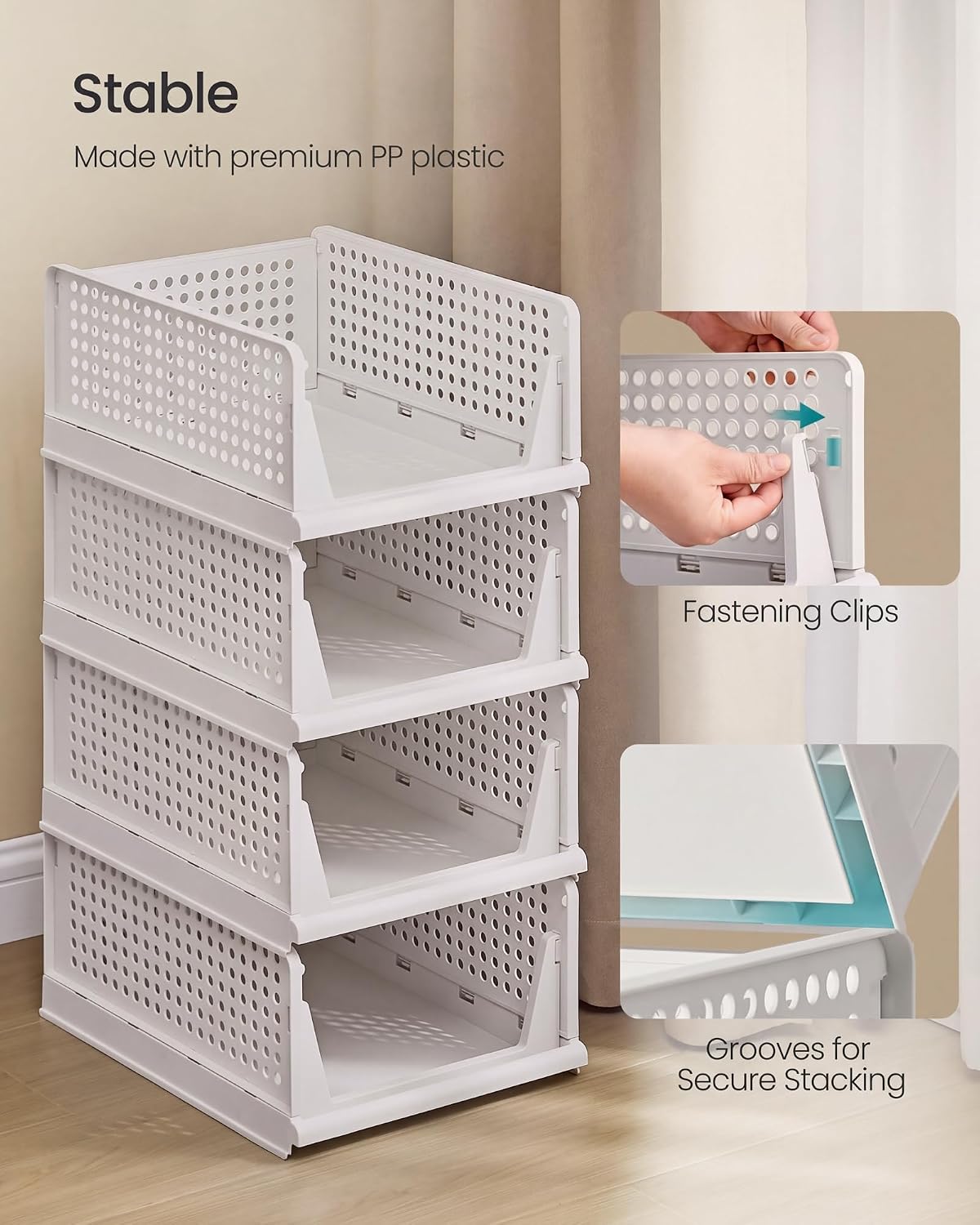 Detalle 2 de SONGMICS LPC800WZ01 Stackable Wardrobe Organiser, White PP, Pull-Out Baskets
