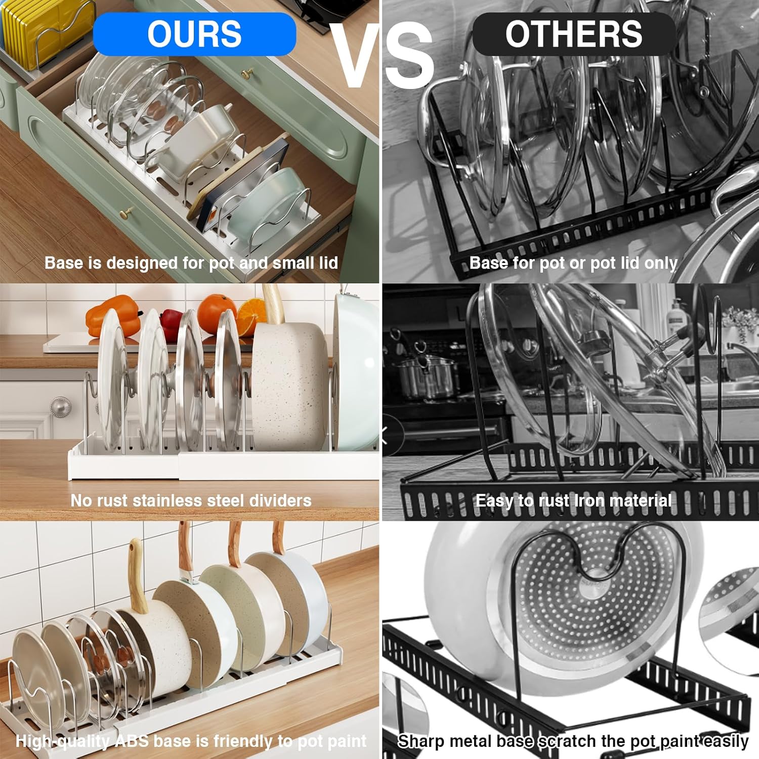 Thumbnail 4 de Mustorn 2-Pack Expandable Pots and Pans Organizer with 9 Adjustable Dividers (Under-Cabinet Lid Holders) – White