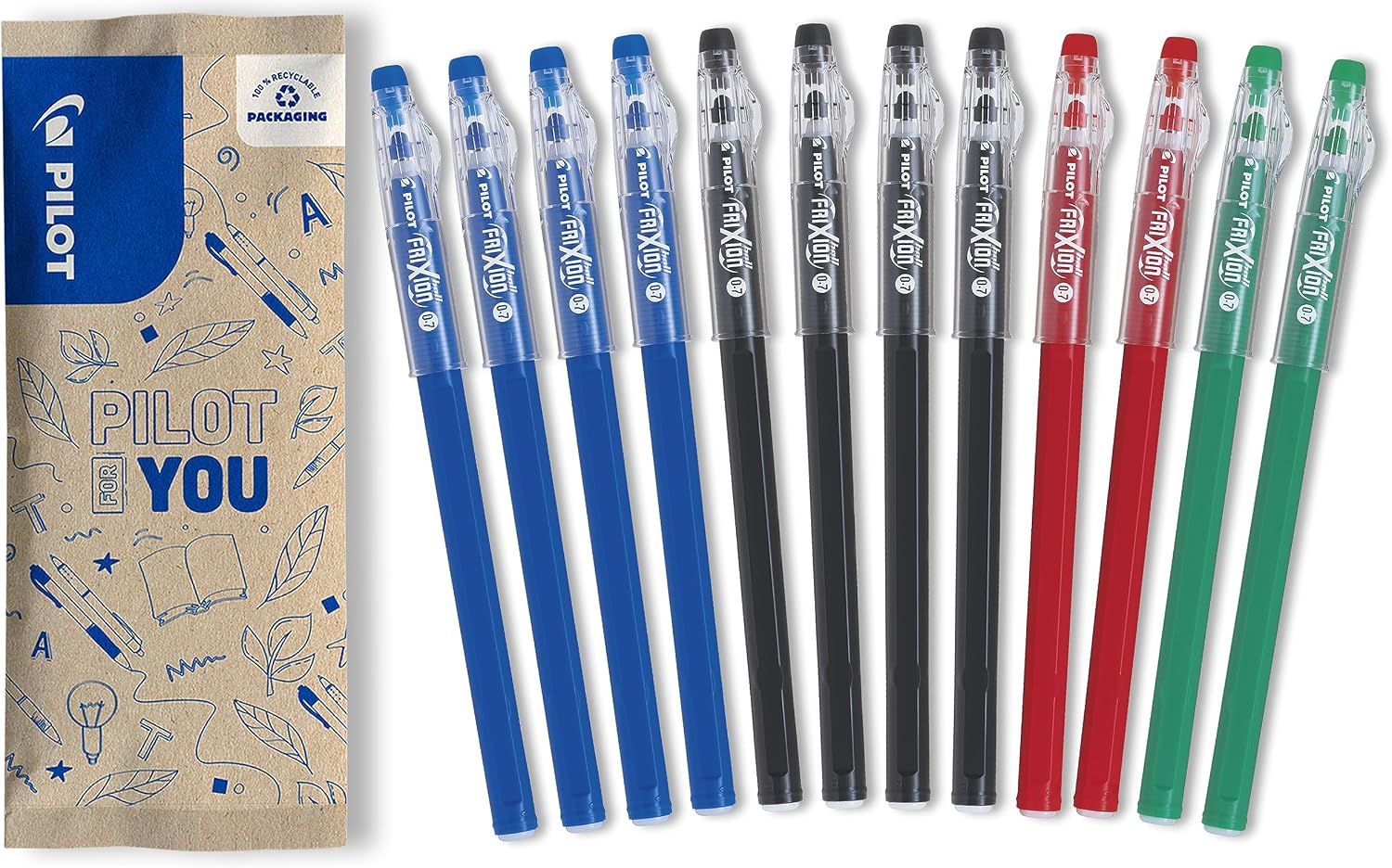 Detalle de PILOT FriXion Ball Stick – Lot de 12 stylos effaçables (0,7 mm) en 4 bleus, 4 noirs, 2 rouges et 2 verts