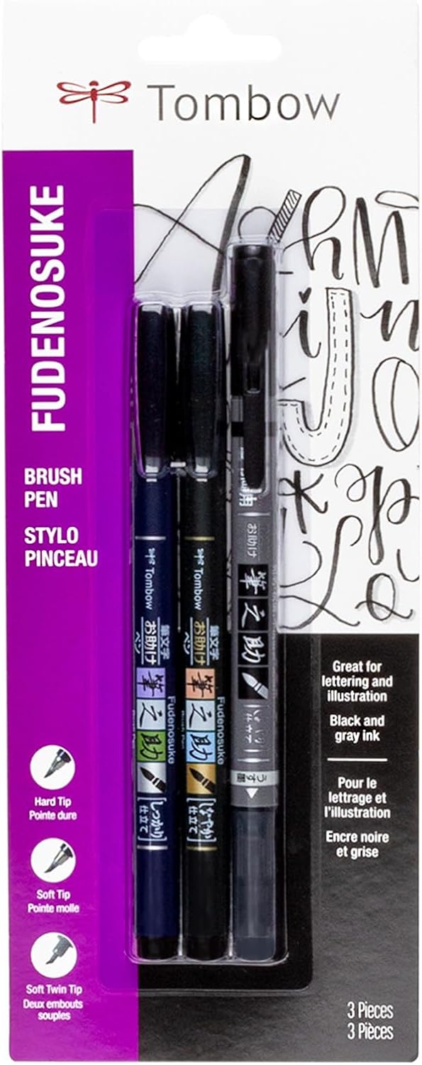 Detalle de Tombow 62039 Fudenosuke Brush Pens, 3-Pack, Soft, Hard & Twin Tips