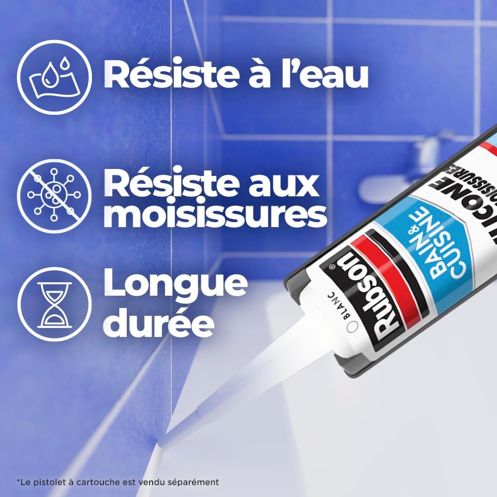 Thumbnail 2 de Rubson Mastic Bain & Cuisine Pure Silicone Anti-Moisissures Blanc – Lot de 2 cartouches 280 ml
