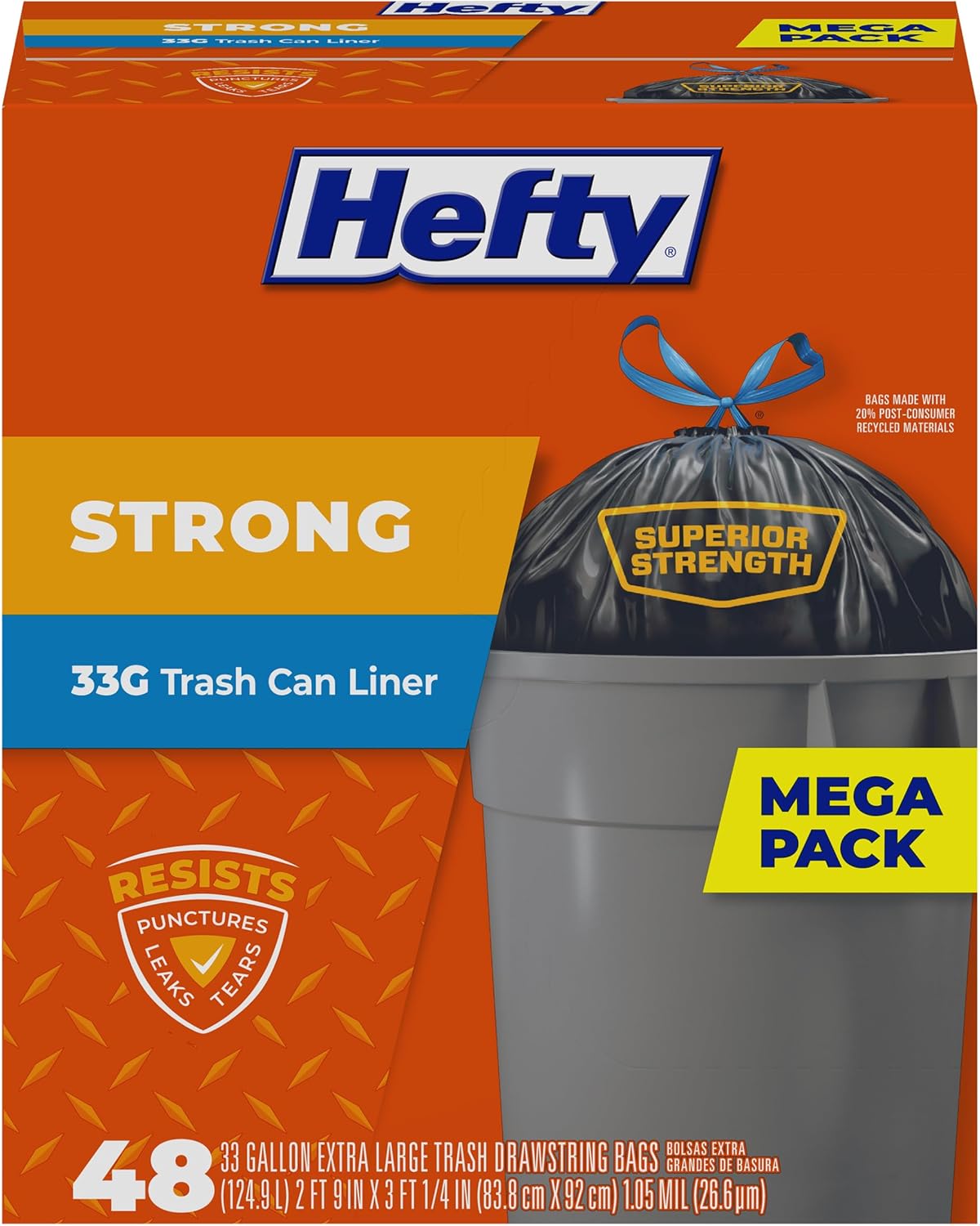 Detalle de Hefty Strong 33 Gallon Trash Bags with Drawstrings, Black, Unscented (48 ct)