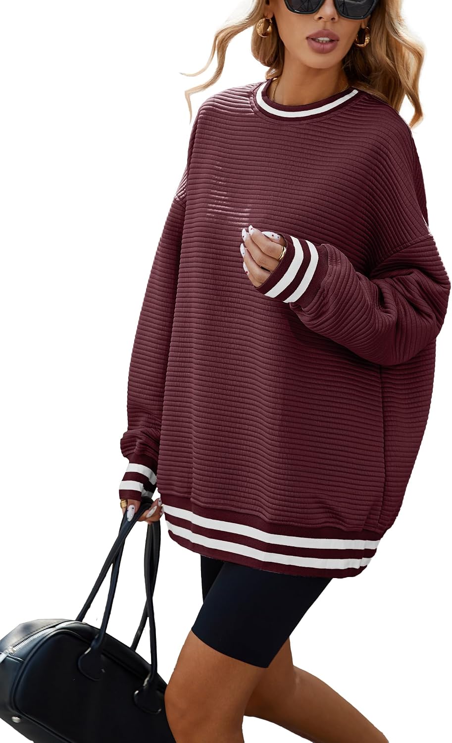 Thumbnail 6 de Famulily Women's Oversized Striped Cropped Crewneck Sweatshirt – Fall / Winter