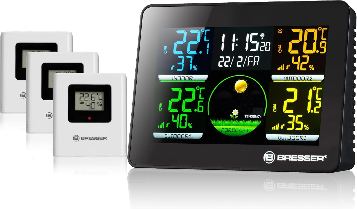 Detalle de Bresser Wetterstation Funk 7000023 mit Außensensor Thermo/Hygro Quadro NLX (3 Außenfühler, DCF, Farbdisplay)