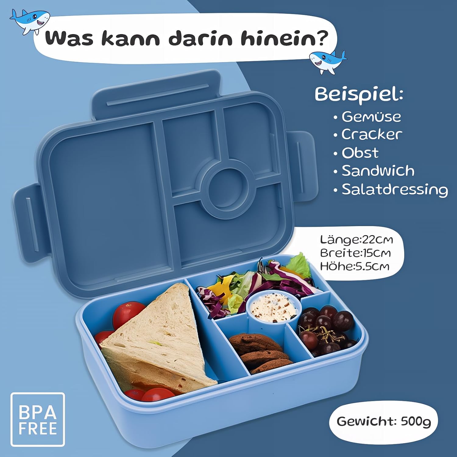 Detalle 2 de Bugucat Brotdose 1300ML mit Fächern Dunkelblau