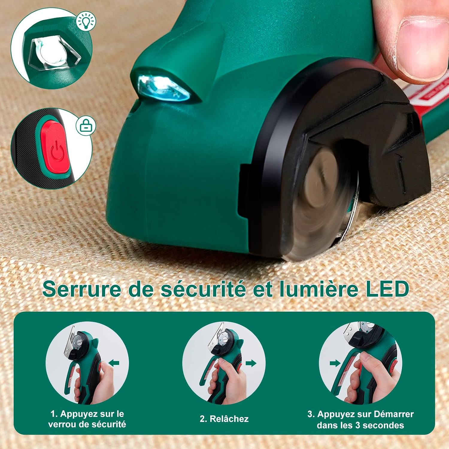 Thumbnail 3 de HYCHIKA Ciseaux Électrique Tissu Couture 4V — Ciseaux Rotatifs Sans Fil 300 tr/min avec LED et 2 Lames SK5