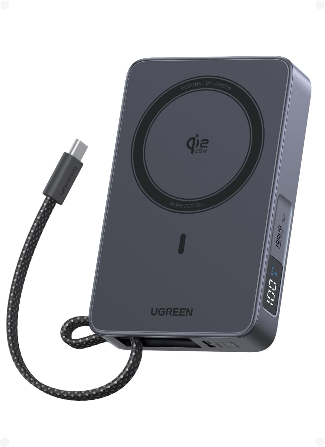 Detalle de UGREEN Magflow Qi2 25W Power Bank 10000mAh – ricarica wireless magnetica con cavo USB-C integrato