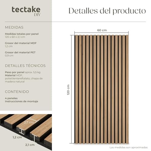 Detalle de tectake Paneles de Pared Decorativos MDF conChapa de Madera Real – 4 Paneles Roble (60 x 120 cm cada uno)