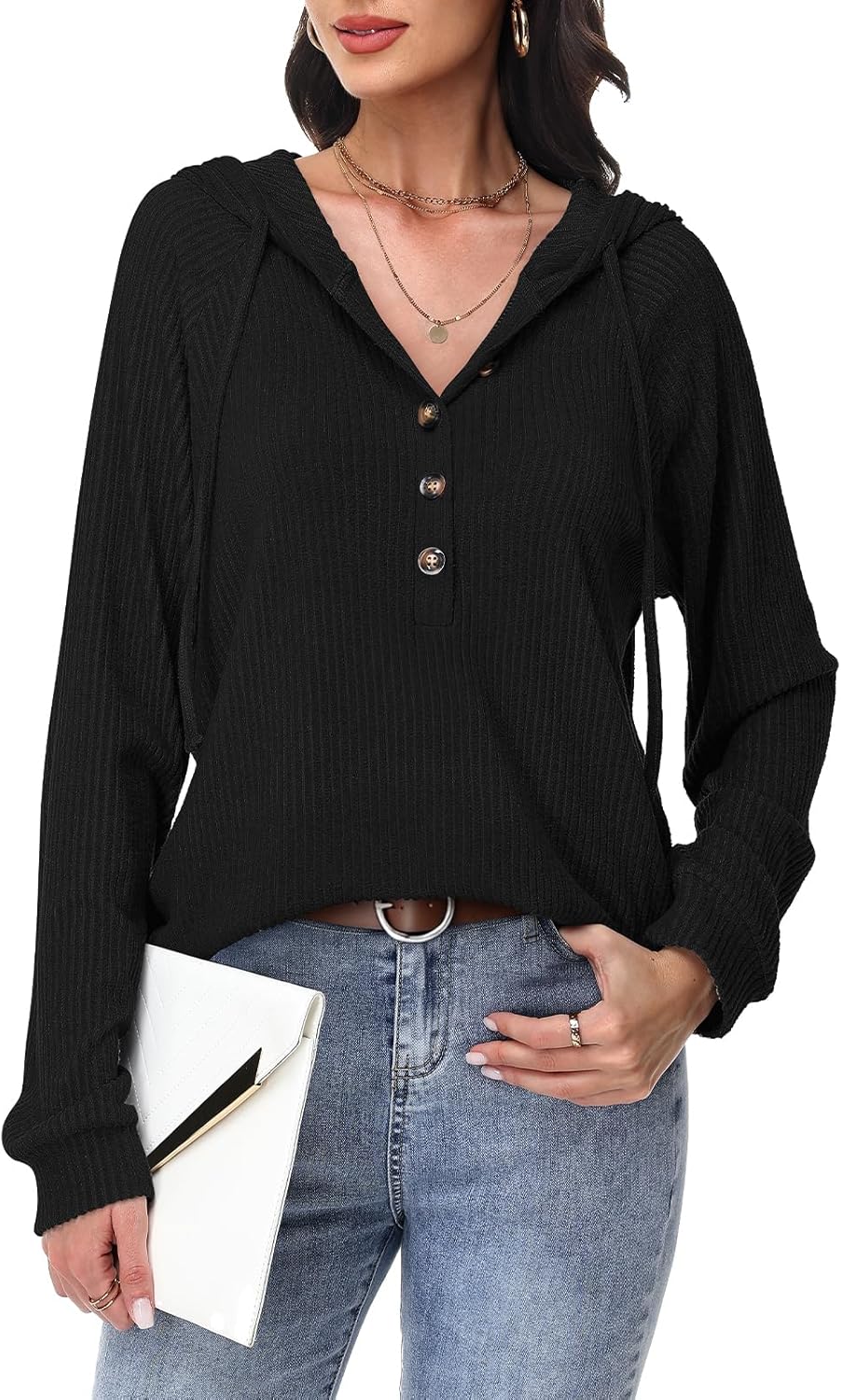 Thumbnail 3 de Tanmolo Damen Hoodie-Pullover mit Kapuze, V-Ausschnitt und Knopfleiste – leichter Strick für Alltag & Übergangszeit