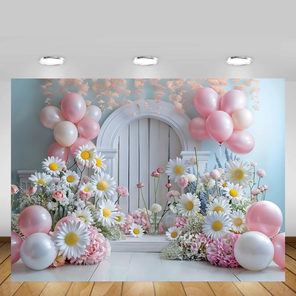 Thumbnail 3 de MEHOFOND 8x6ft Pink Girl Floral Backdrop (Daisies) for Cake Smash, Baby Showers & Photo Setups
