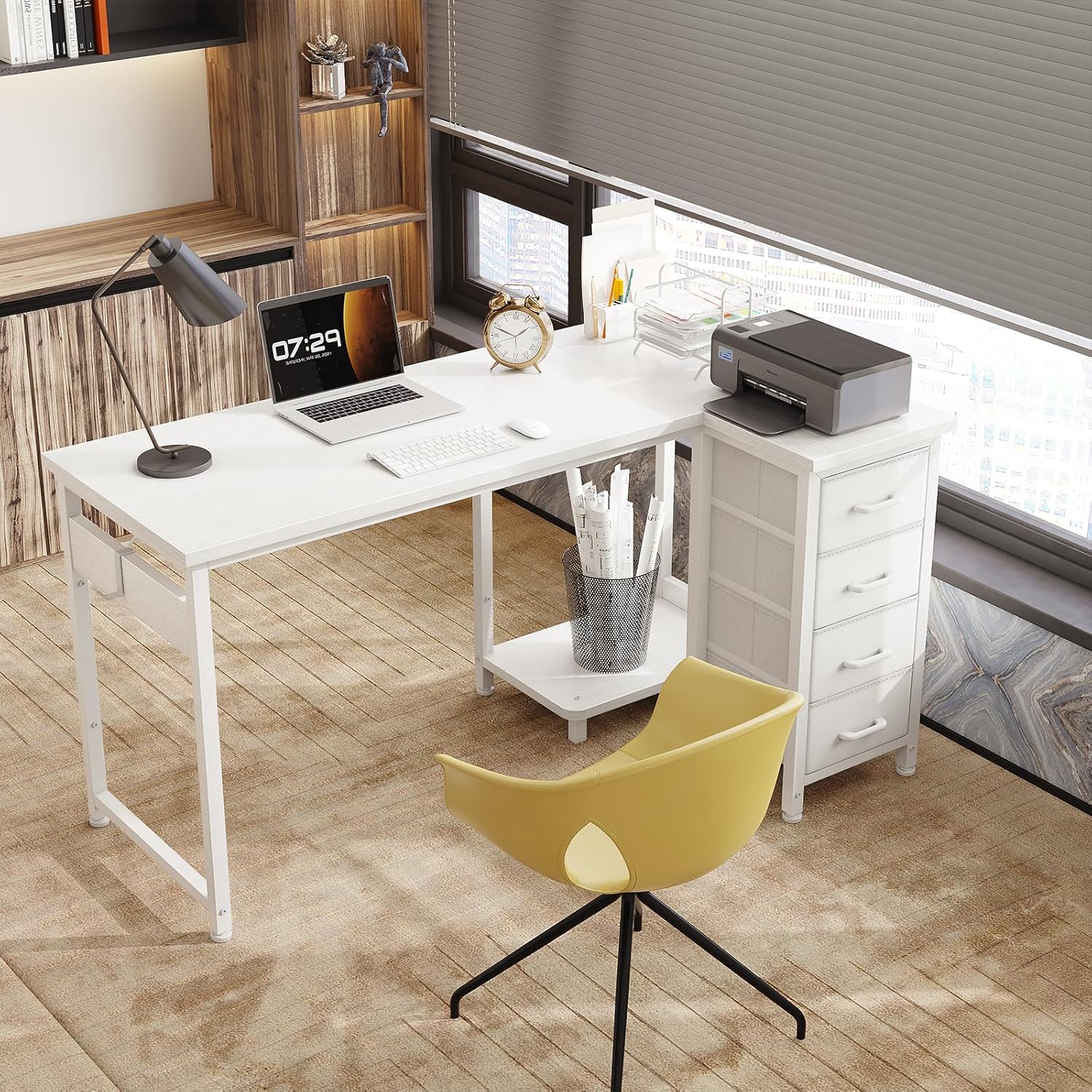 Thumbnail 4 de Coleshome Eckschreibtisch 120x70 cm – L‑Form mit 4 Stoffschubladen, links/rechts umkehrbar, Weiß