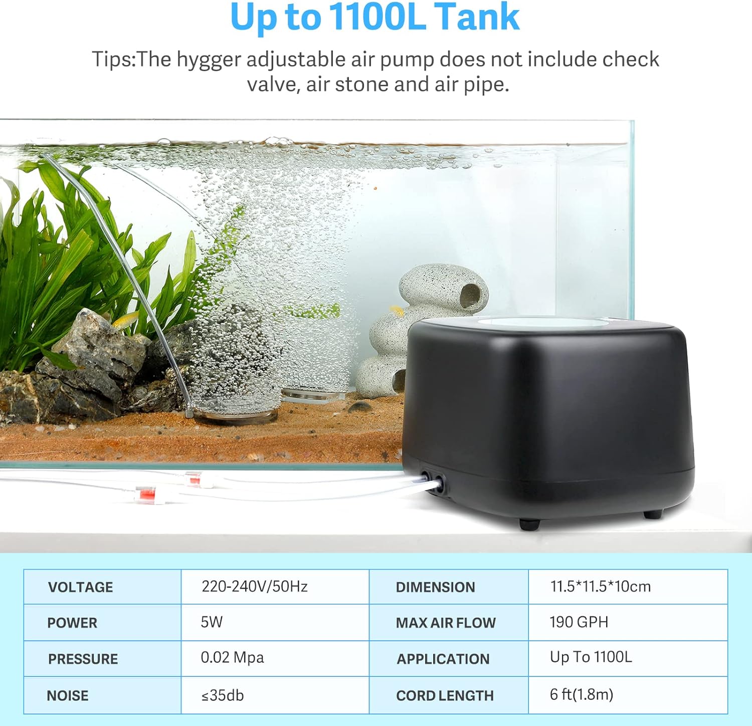 Thumbnail 1 de hygger Aquarium Air Pump: Ultra Silent, 2 Outlets, 5W, Adjustable 4-Speed for Tanks up to 1100 L
