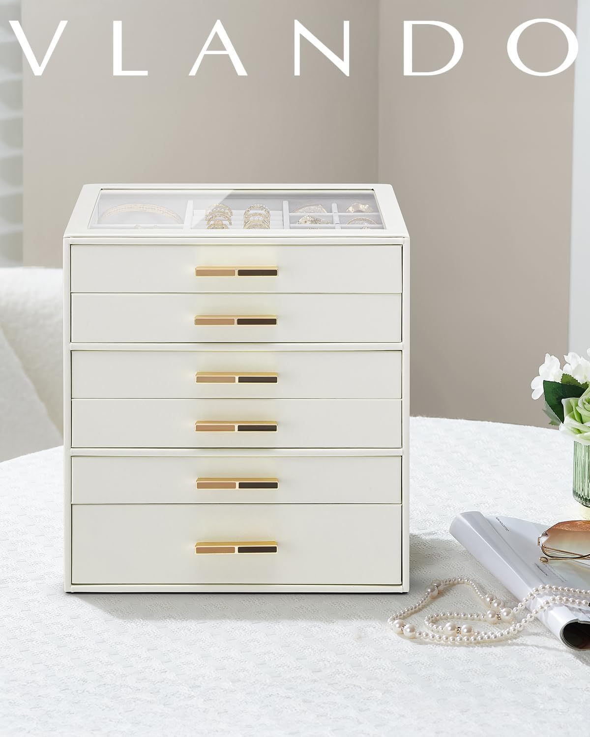 Detalle de VLANDO Schmuckkästchen Groß „Cinderella Plus“ beige mit 6 Ebenen, Glasdeckel und 6 Schubladen