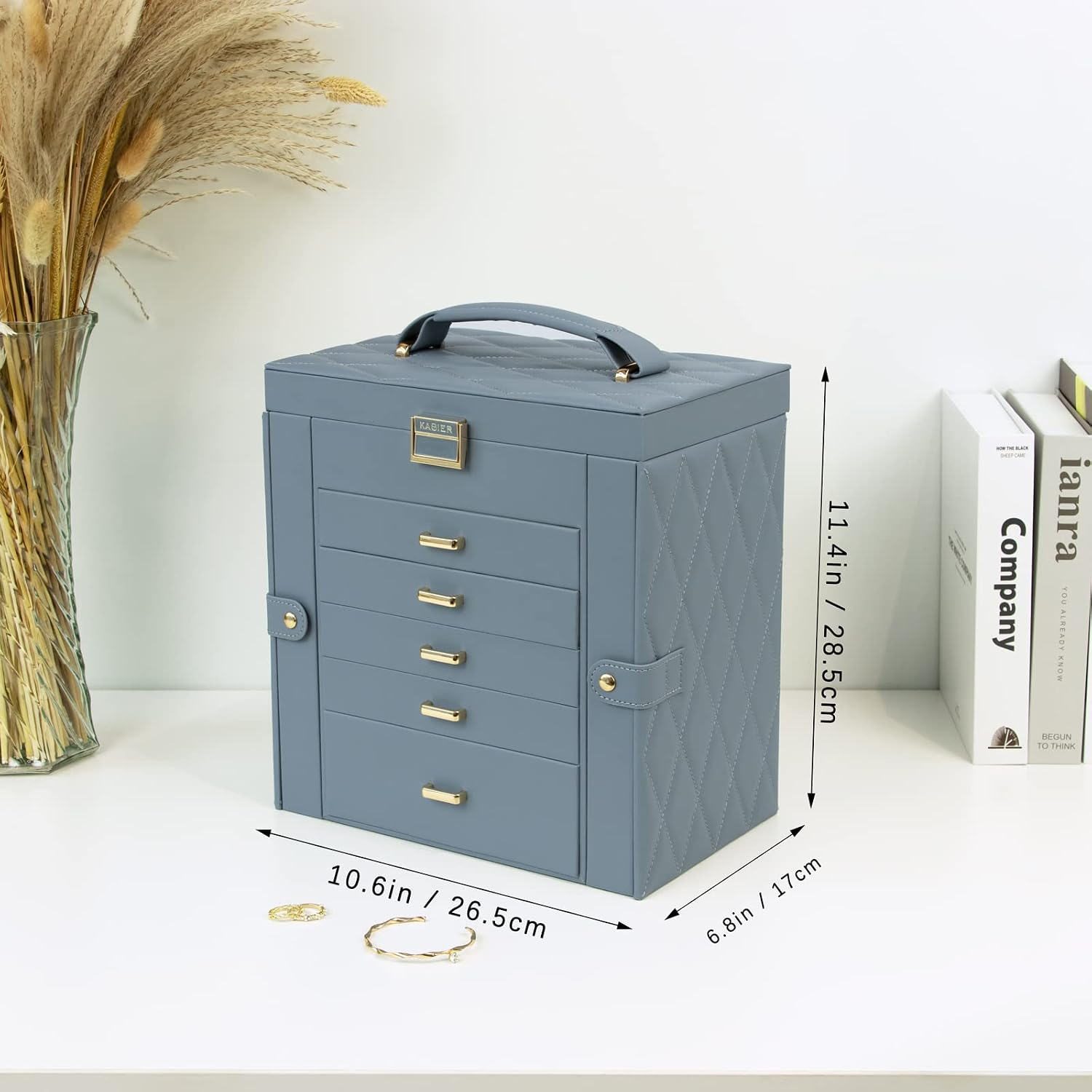 Detalle 2 de KAMIER Boîte à bijoux pour femme – grande boîte de rangement à 6 couches avec miroir et 5 tiroirs, bleu-gris