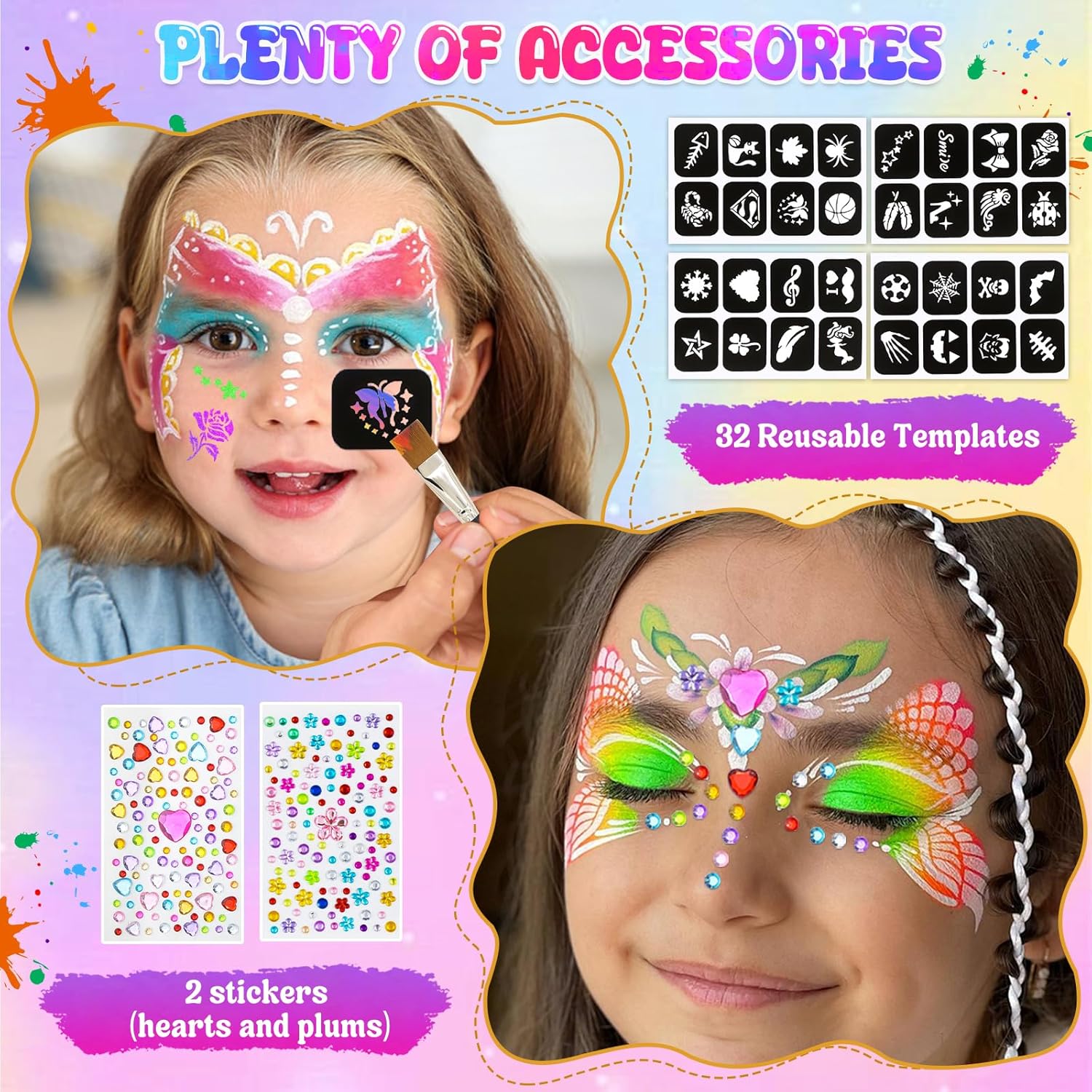 Thumbnail 2 de Gigmeta Kinderschminke Set – 54 Farben, Pinsel, Schablonen und Diamant-Sticker für Theater, Halloween und Bodypainting
