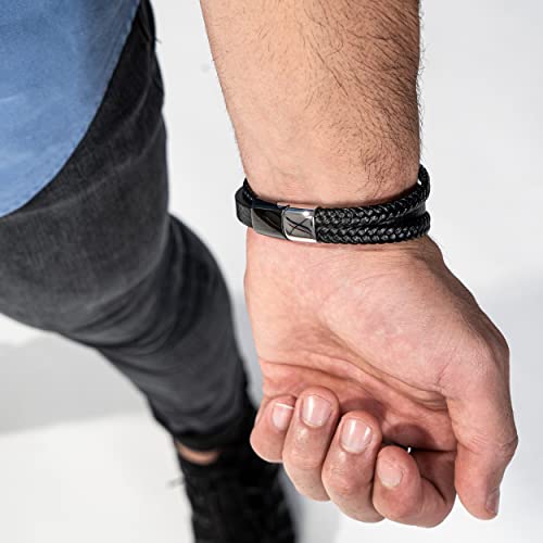 Detalle de SERASAR Bracelet Cuir Homme – Bracelet en cuir véritable noir et argenté, longueur 20 cm, réglable