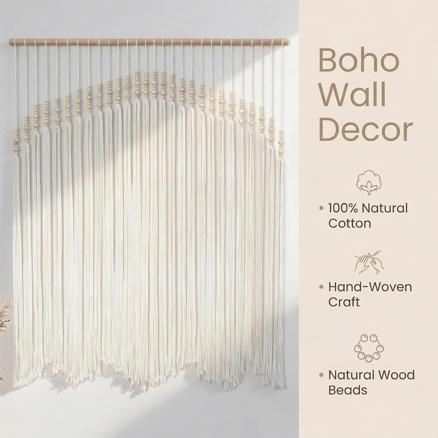 Detalle 2 de Betylifoy Large Macrame Wall Hanging, Beige Cotton Tassels, 38.6 x 38.6 in