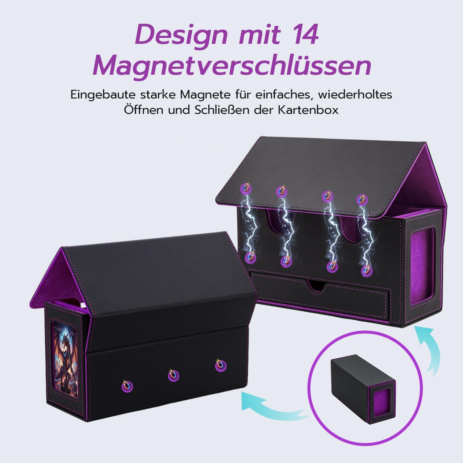 Thumbnail 3 de Tolesum Doppelschicht Card Deck Box für MTG & Commander – Sammelkartenbox mit Sichtfenster und Würfelfach aus PU-Leder (schwarz/lila)
