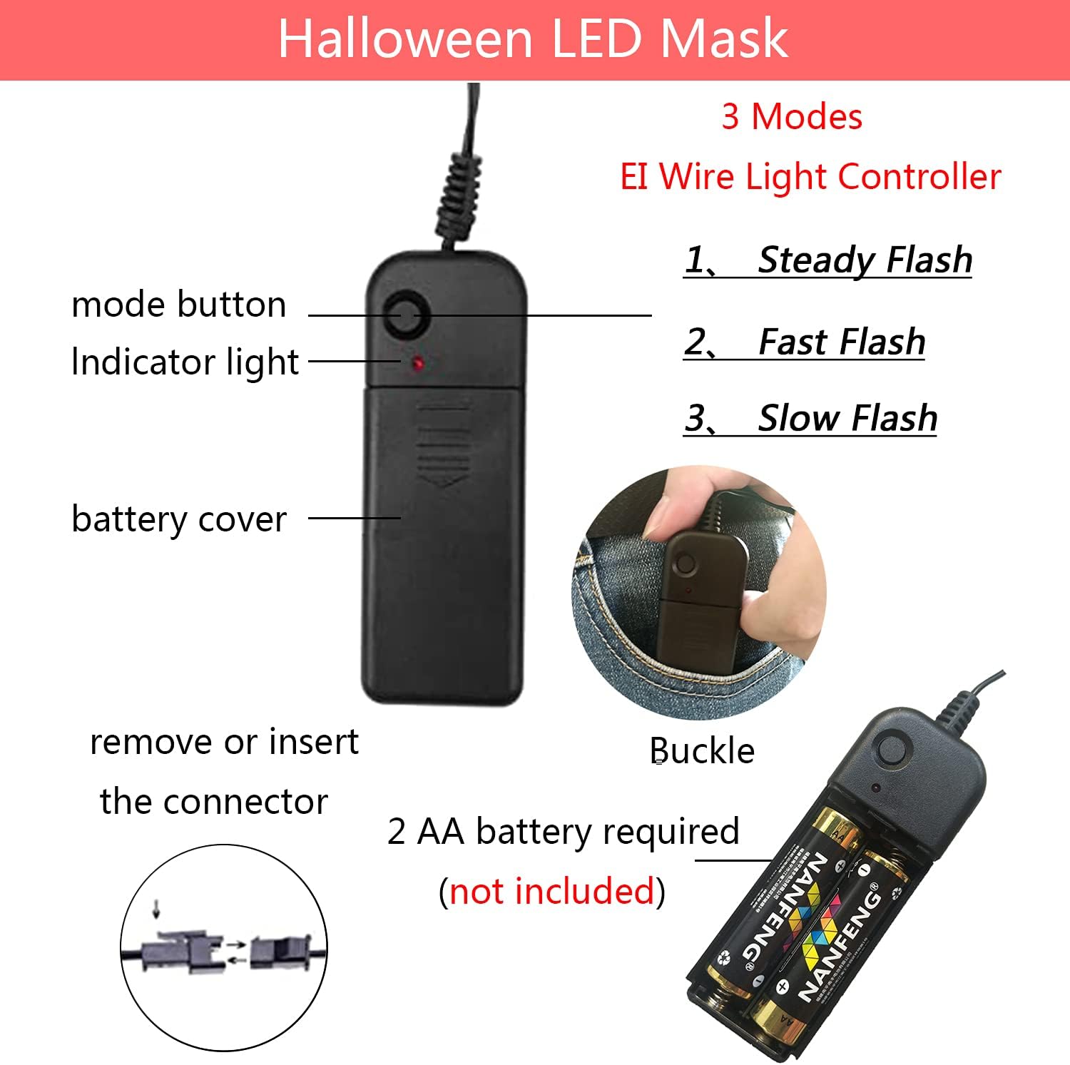Detalle de DWTECH LED Halloween Mask, Ice Blue and Pink, 3 Light Modes