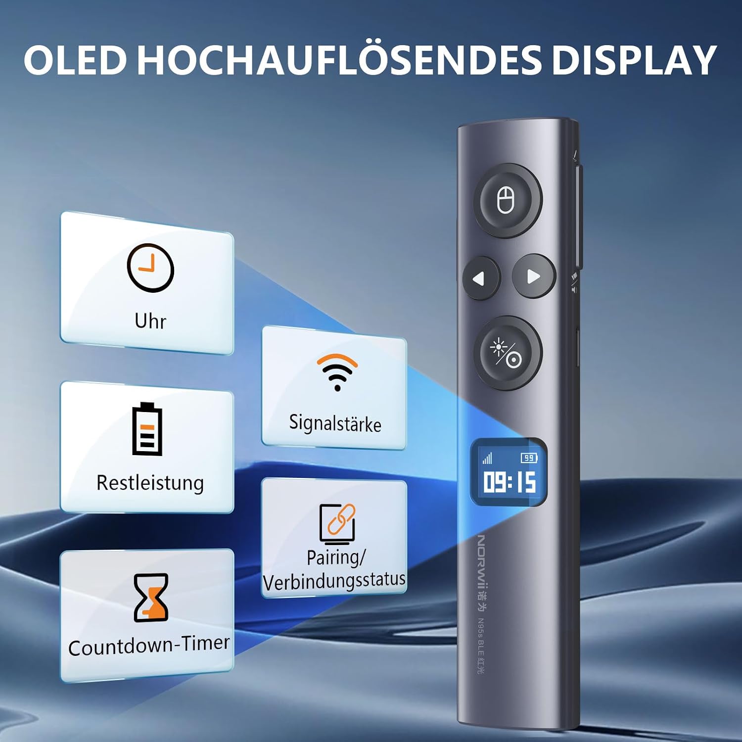 Detalle de Norwii N95s BLE Präsentations-Fernbedienung: Drahtloser Presenter mit digitalem Zeiger für PowerPoint (Grün, USB-AC)