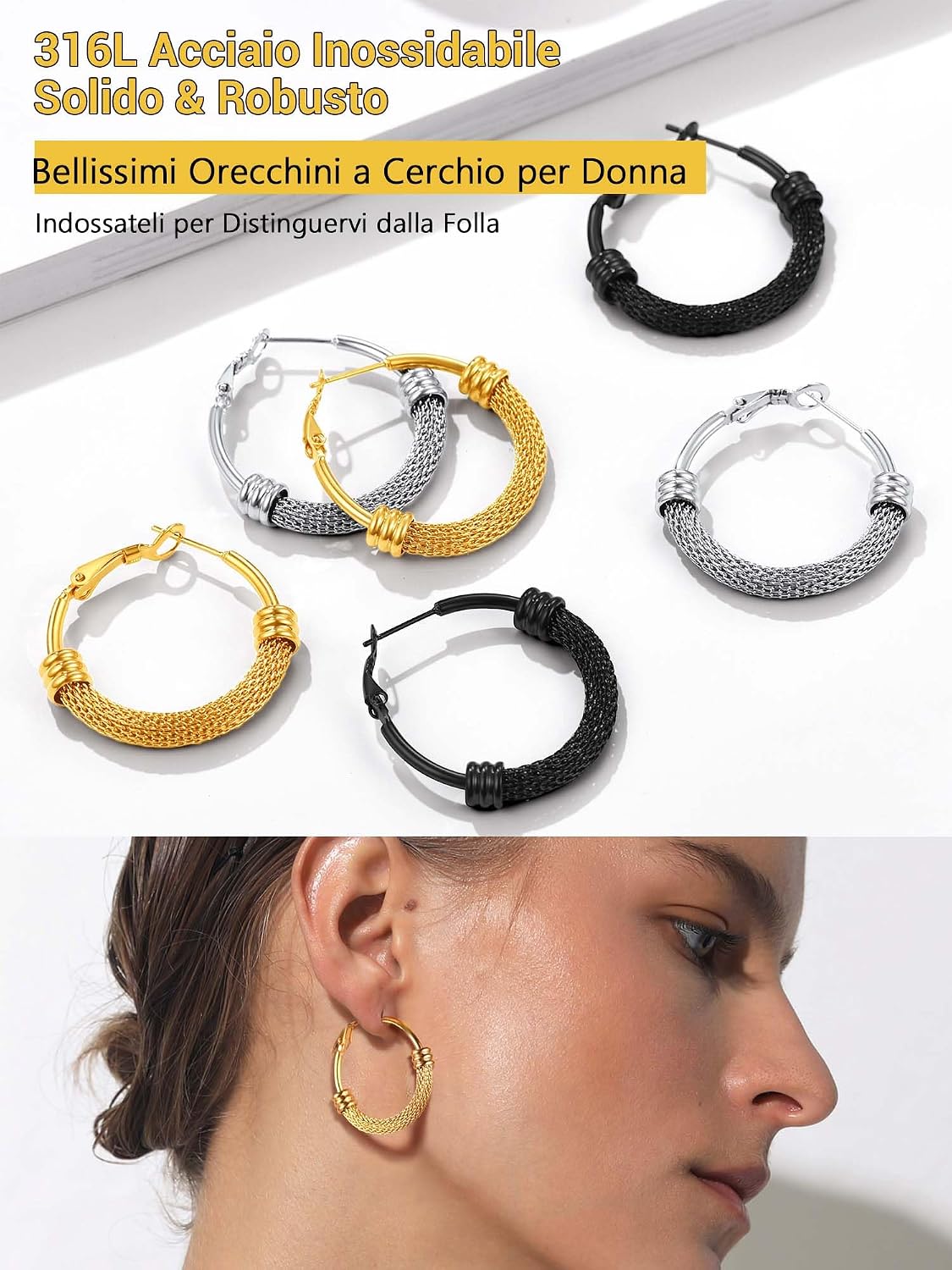 Thumbnail 6 de PROSTEEL Orecchini a cerchio in maglia metallica, acciaio ipoallergenico (30 mm, 4 mm), argento nero oro
