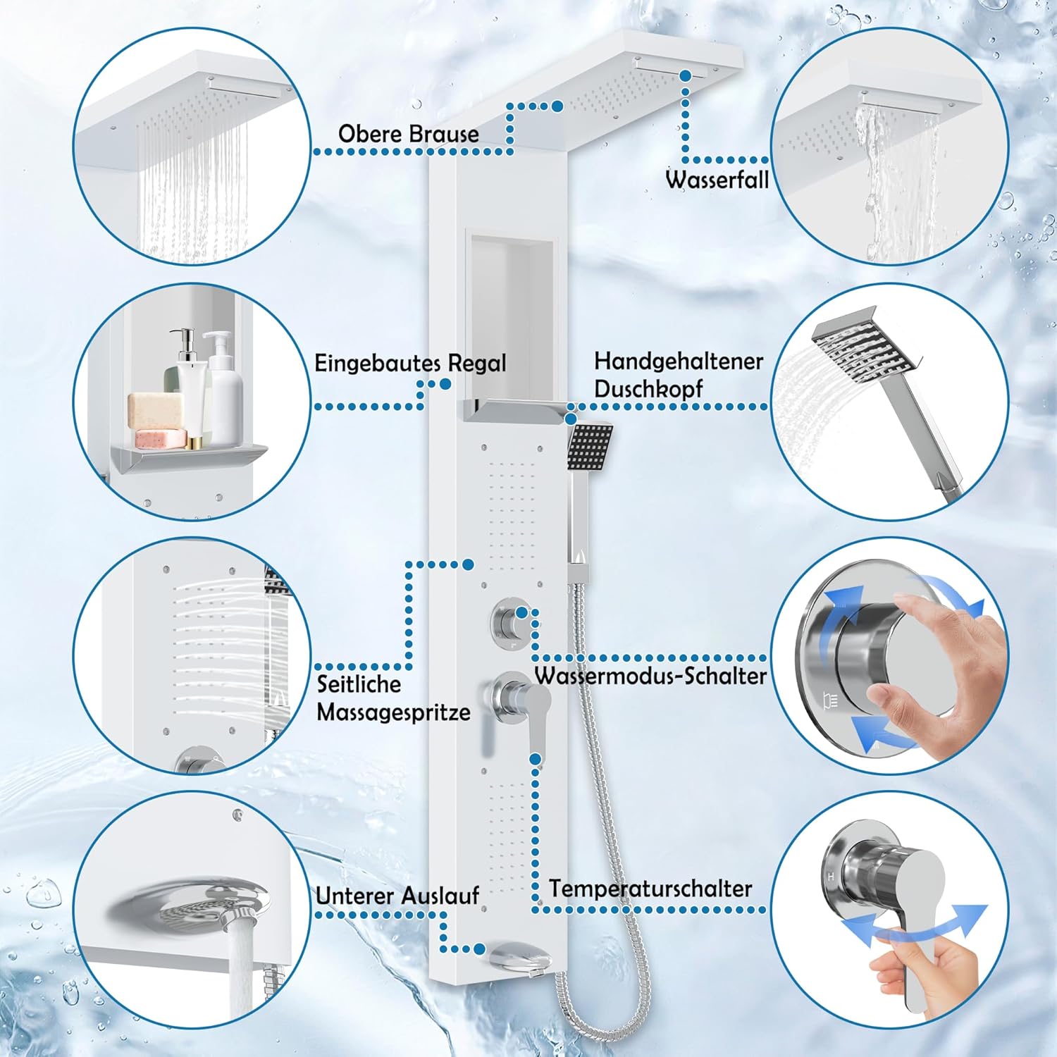 Thumbnail 5 de Froadp Kit Doccia a Pioggia in Acciaio Inox, 5 Funzioni, Montaggio a Parete – Set Doccia Completo (Bianco)