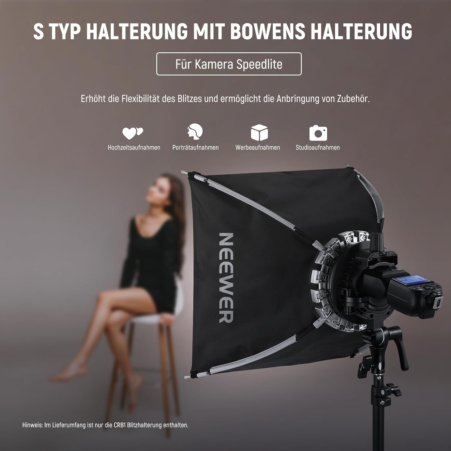 Detalle 2 de NEEWER CRB1 S Speedlite-Halterung mit Bowens-Mount und Schirmloch (Typ S) für Studio- und Portrait-Blitz